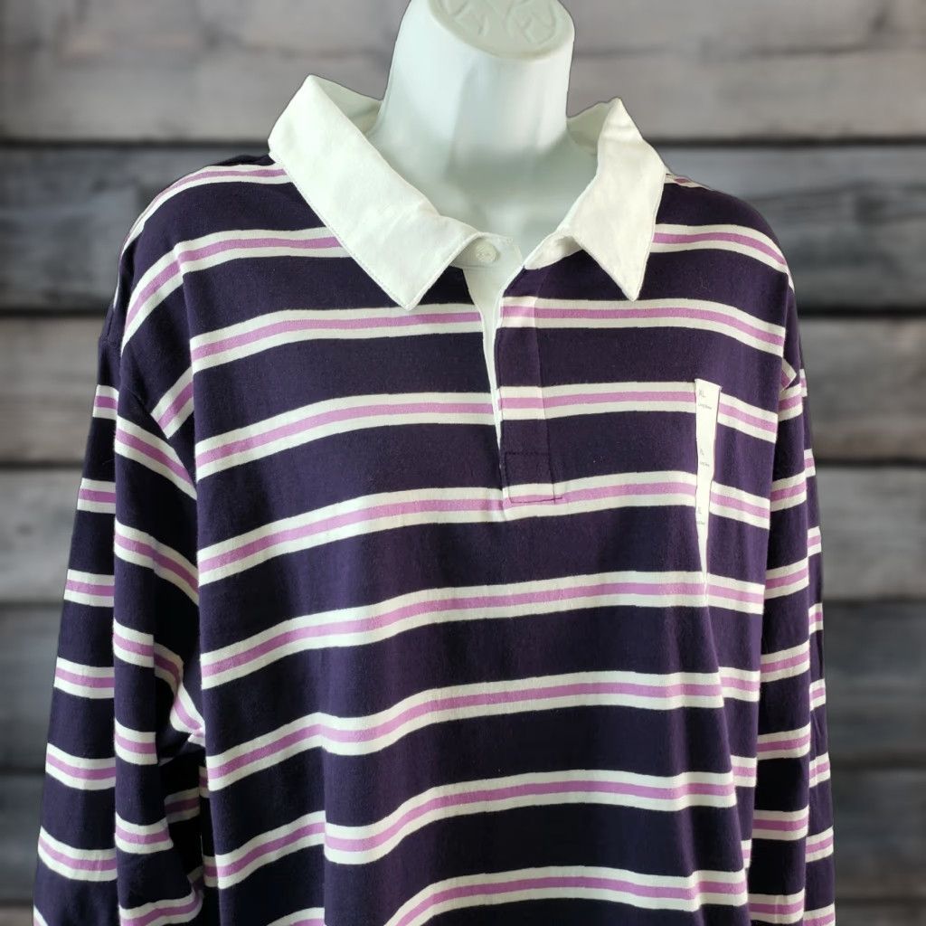 Vintage Wild Fable Womens Long Sleeve Polo Sz XL Purple White Striped Cotton Raw Hem Size XL / US 12-14 / IT 48-50 - 1 Thumbnail