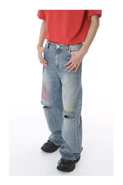 Japanese Brand × Jean Japanese loose wide-leg ripped graffiti jeans Size US 32 / EU 48 - 3 Thumbnail