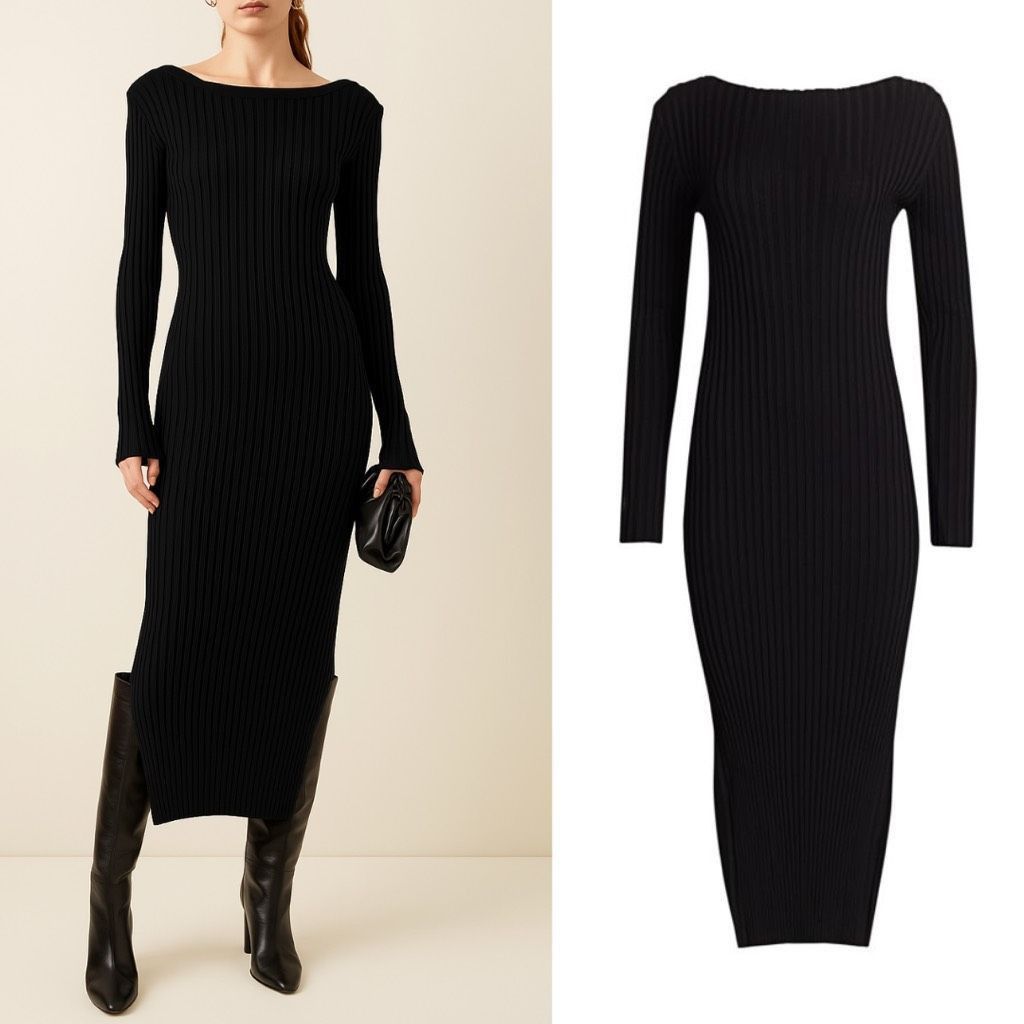 Toteme Toteme Orville Black Long Sleeve Ribbed Knit Boat Neck Midi Size M / US 6-8 / IT 42-44 - 7 Thumbnail