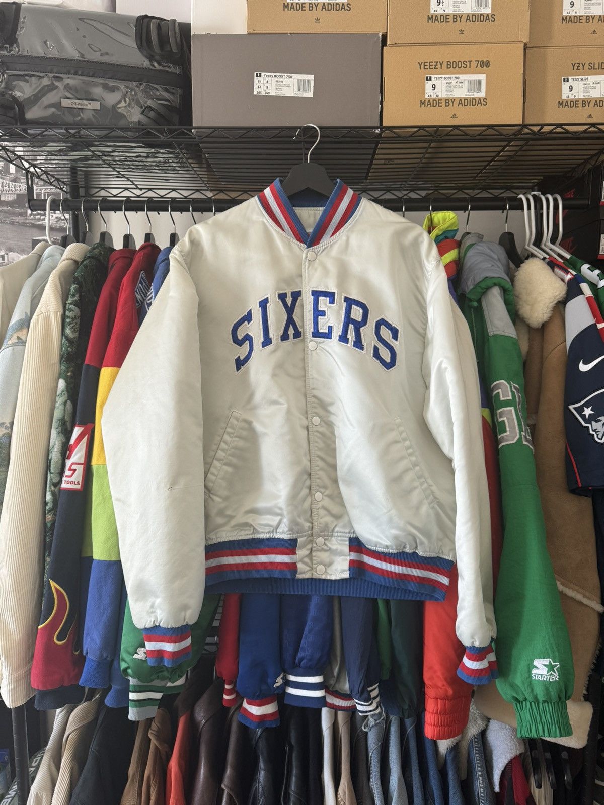 image of NBA x Starter Vintage Philadelphia 76Ers Satin Starter Bomber Jacket in White, Men's (Size Large)