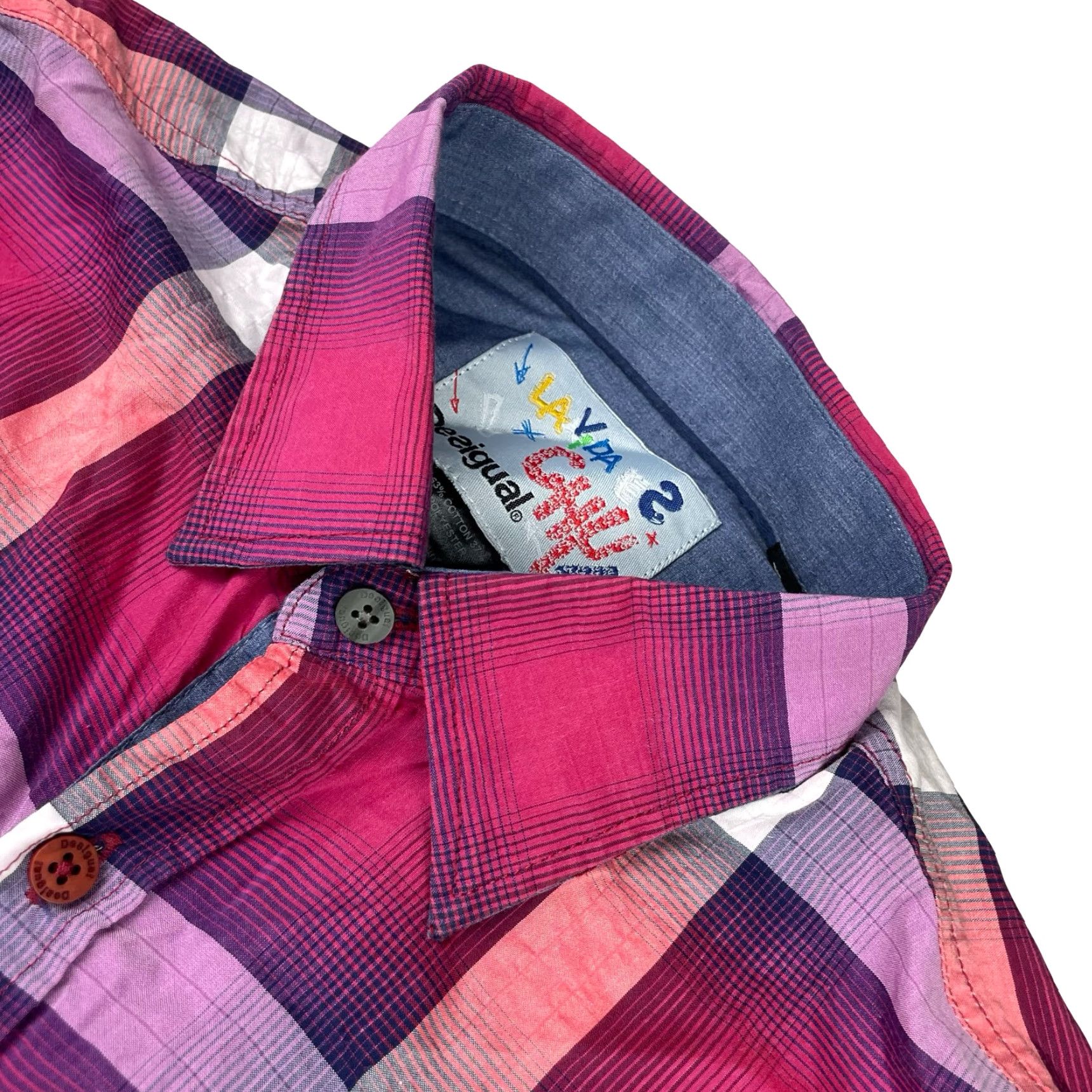 Desigual La Vida Es Chula! x Desigual Men's Button Shirt Pink/Purple Plaid Medium Shirt Mens Button-Up Cotton/Polyester Regular Long Sleeve Collared Size US M / EU 48-50 / 2 - 2 Thumbnail