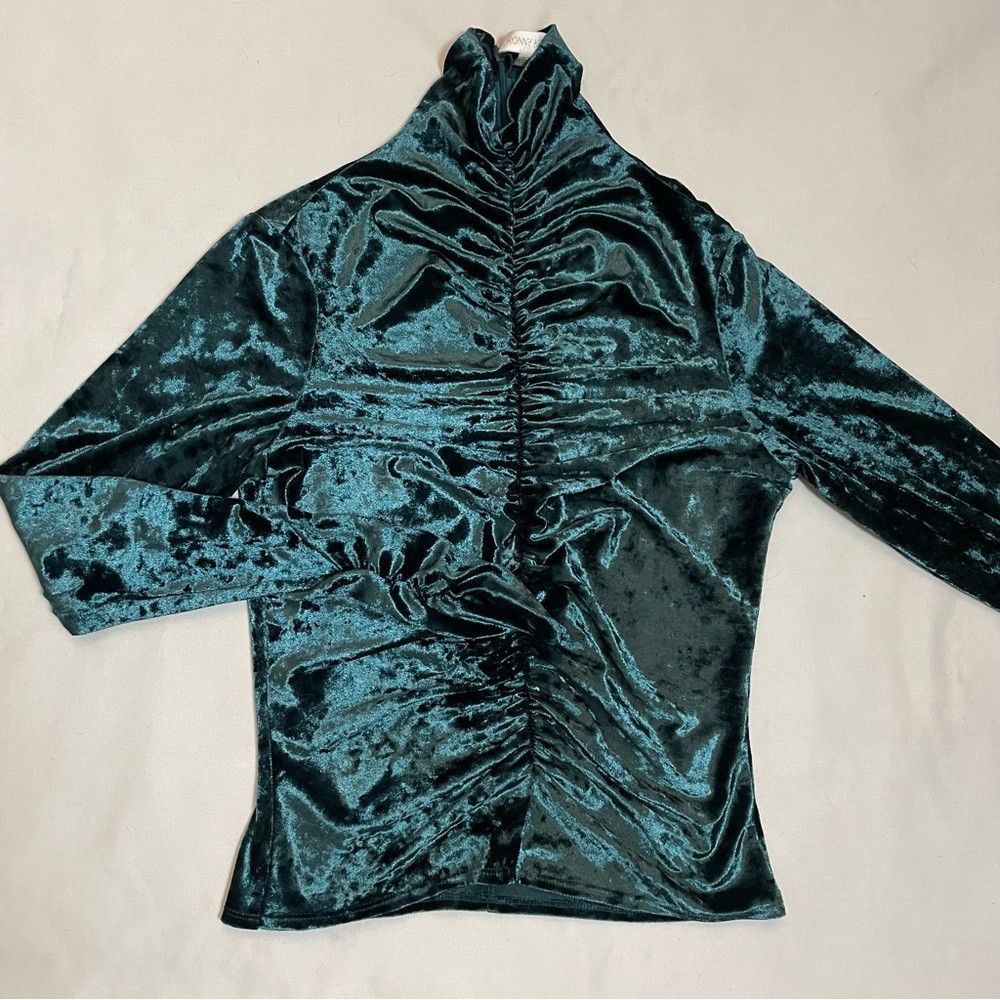 Ronny Kobo Ronny Kobo Karoline Ruched Velvet Teal Turtleneck Top Size Size L / US 10 / IT 46 - 6 Thumbnail