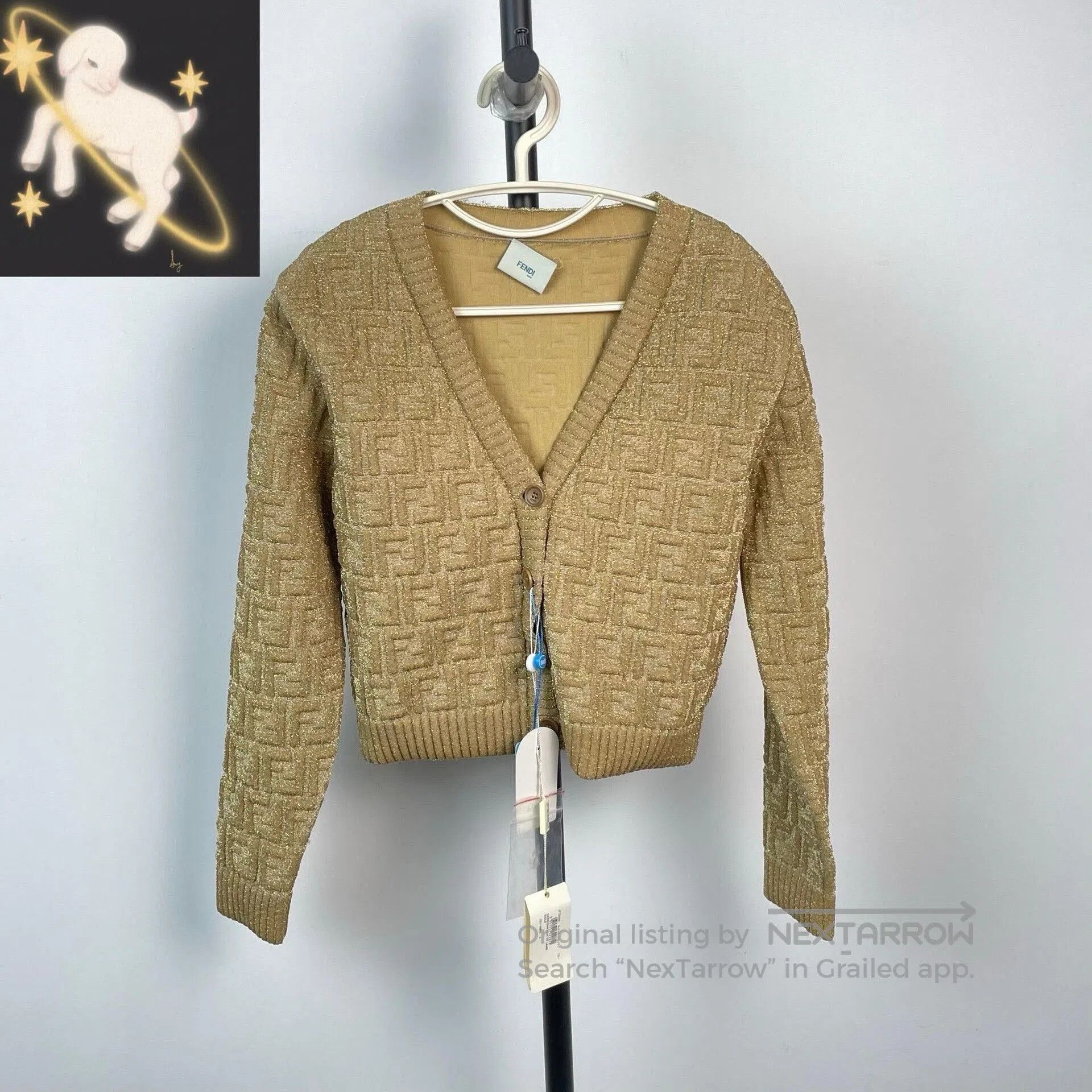 Fendi Khaki Gold Thread 3D Logo Knit Coat.