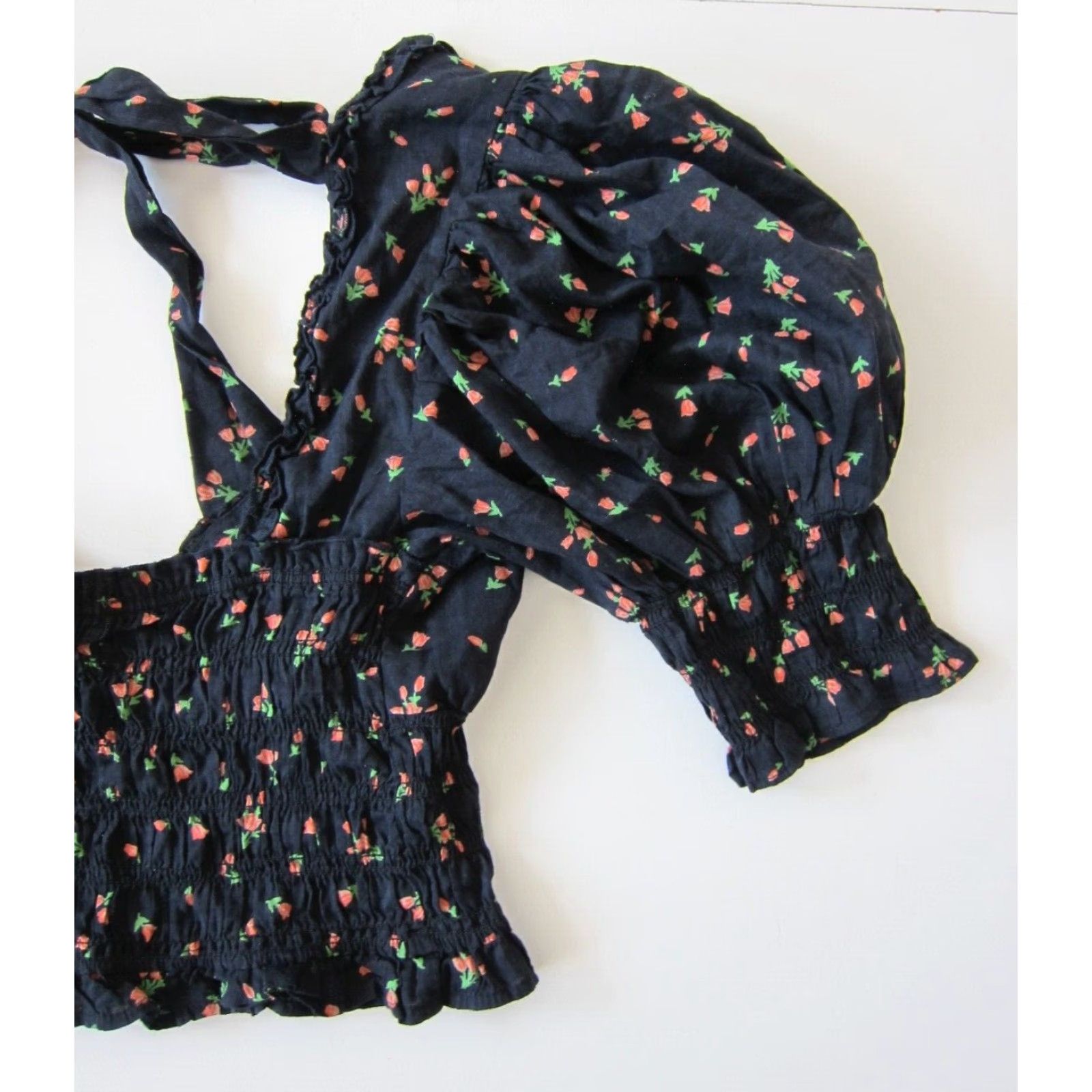 Urban Outfitters VINTAGE Urban Outfitters Cotton Black Orange Green Rose Floral Crop Peasant Blouse M Size M / US 6-8 / IT 42-44 - 5 Thumbnail