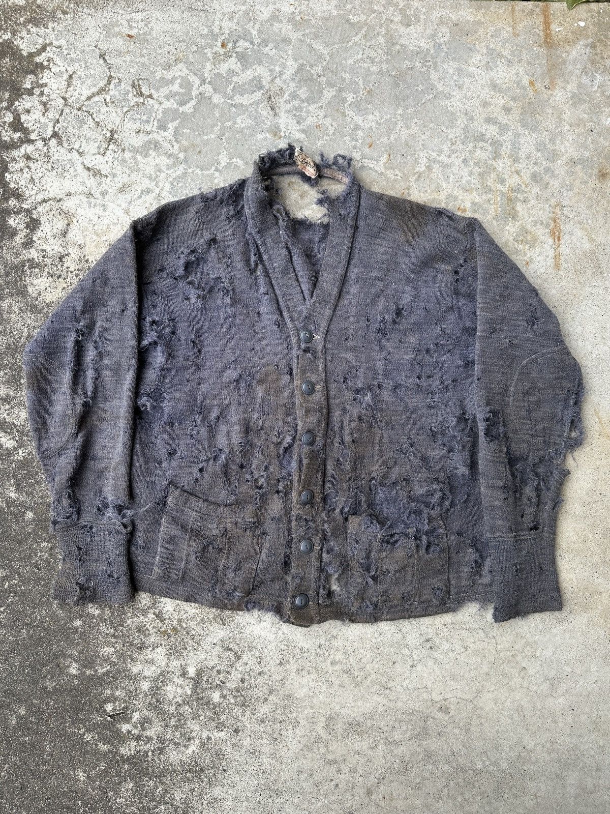 Pre-owned Vintage 1920s Trashed Dirty Zombified Wool Knitted Distress Cardigan In Gray