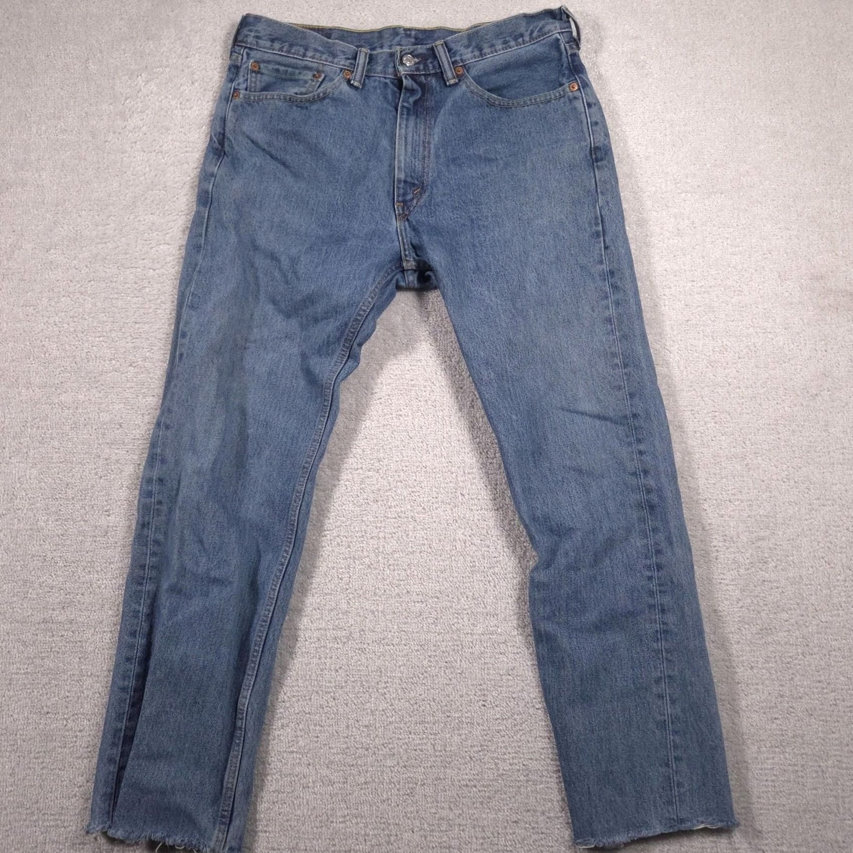Levi's Levi's 505 Jeans Mens 34x30 Blue Denim Straight Leg Cropped Raw Hem Distressed Cotton Regular Inseam 30in Zip Button Pockets Vintage No Mens Jeans Size US 34 / EU 50 - 2 Thumbnail