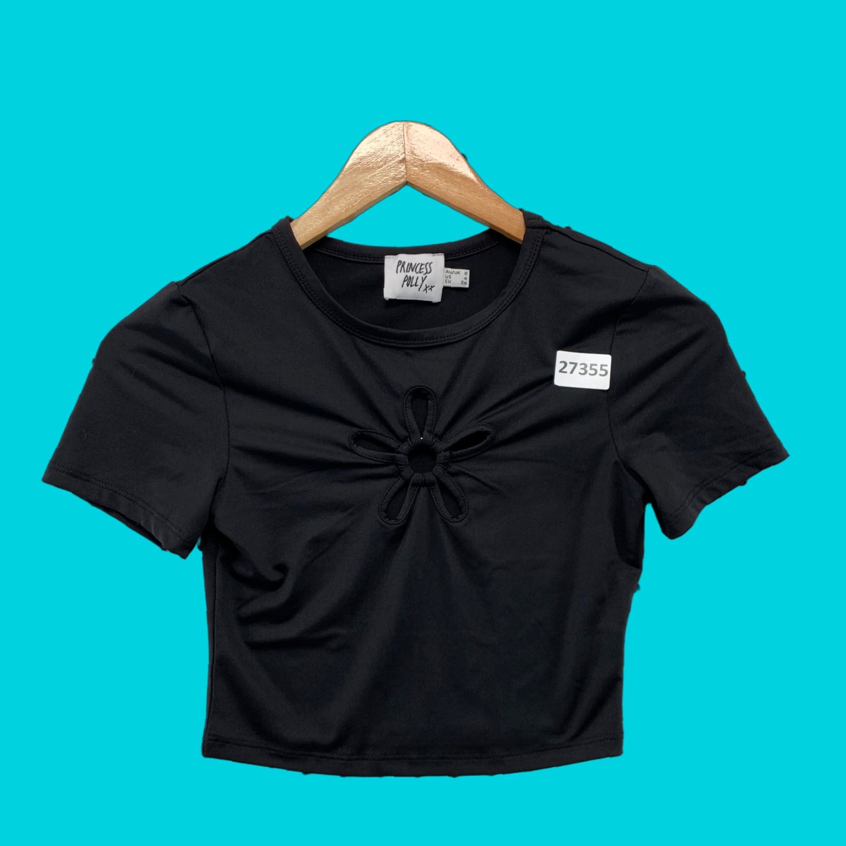 PRINCESS POLLY Princess Polly Women's Black Crop Top Floral Key Hole 4 Cropped Shirt Womens Size 4 Black Women Tee Size S / US 4 / IT 40 - 1 Thumbnail