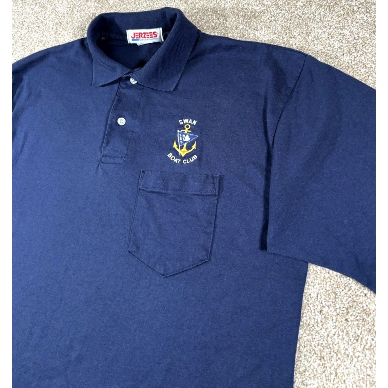 Jerzees VINTAGE JERZEES Polo Shirt Swan Boat Club Navy Blue USA Made • Size Medium Mens Polo Shirt Navy Blue 80s 90s Retro Size US M / EU 48-50 / 2 - 2 Thumbnail