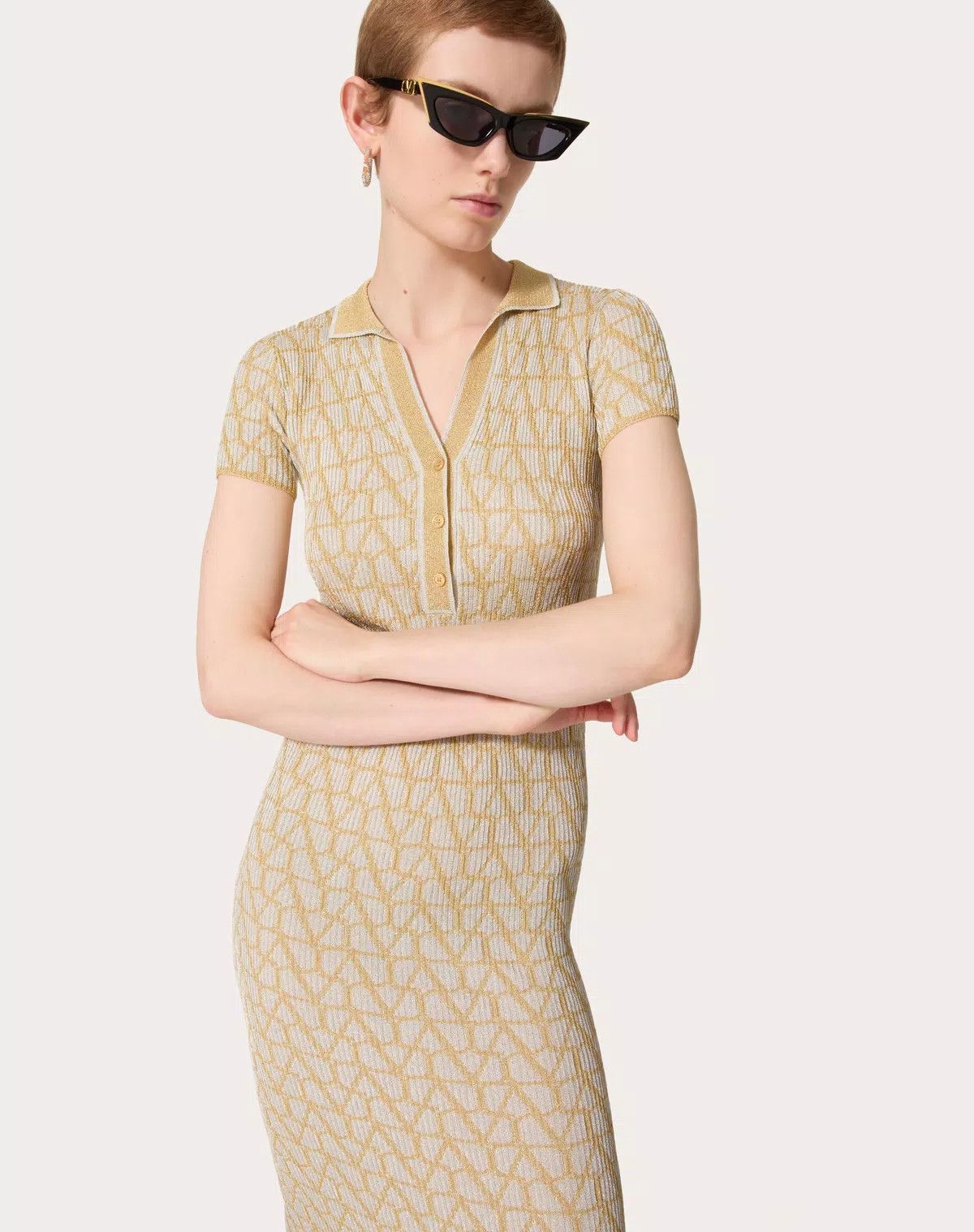 Valentino o1s1wg110426 Toile Iconographe Lurex Jacquard Dress Yellow Size XXS / US 00 / IT 34 - 7 Thumbnail