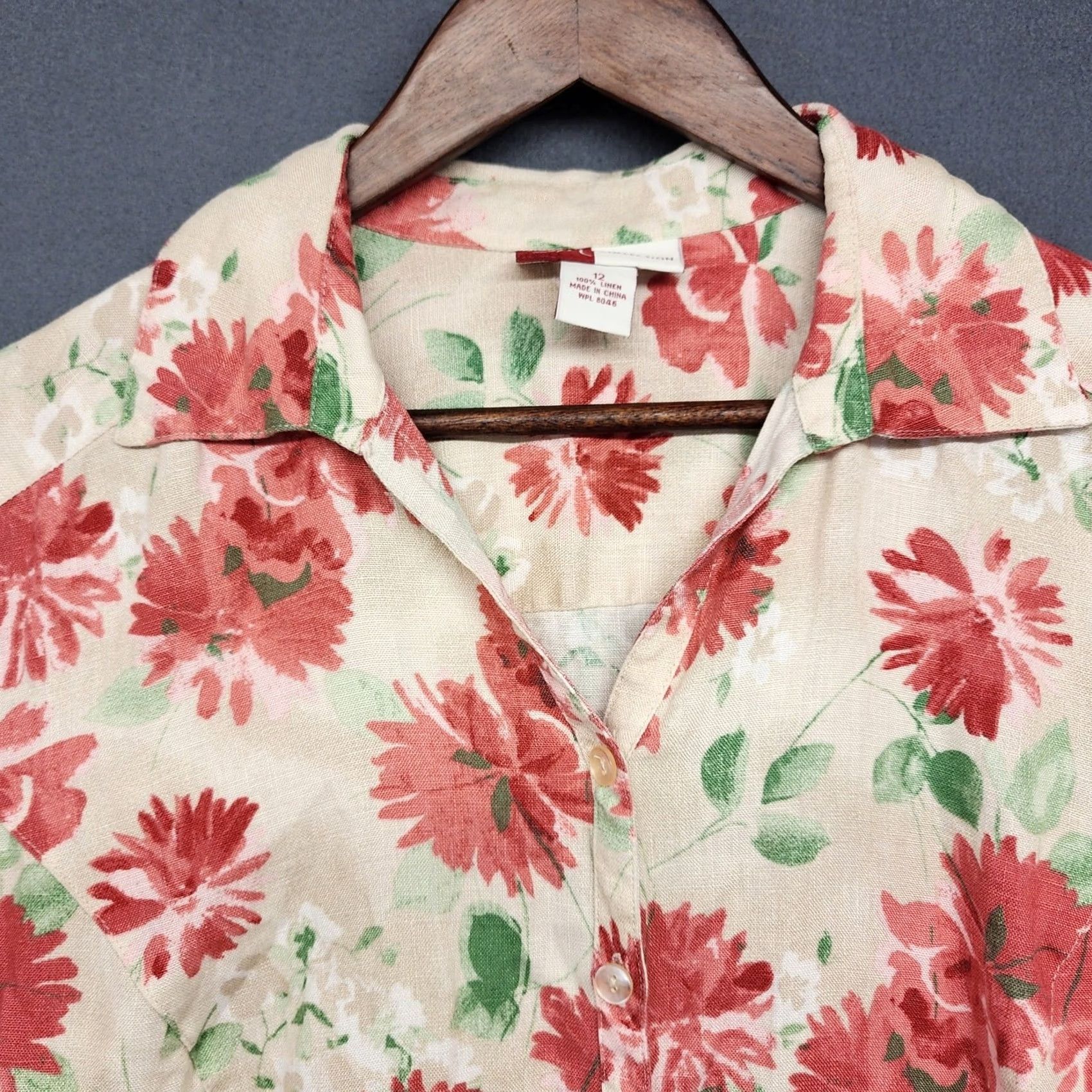 JM Collection JM Collection Womens Top 12 Floral Linen 3/4 Sleeve Button Front Collared Neckline Button-Up Camp Lagenlook Pink Womens Size 12 Regular Crew Neck? Size XL / US 12-14 / IT 48-50 - 7 Thumbnail