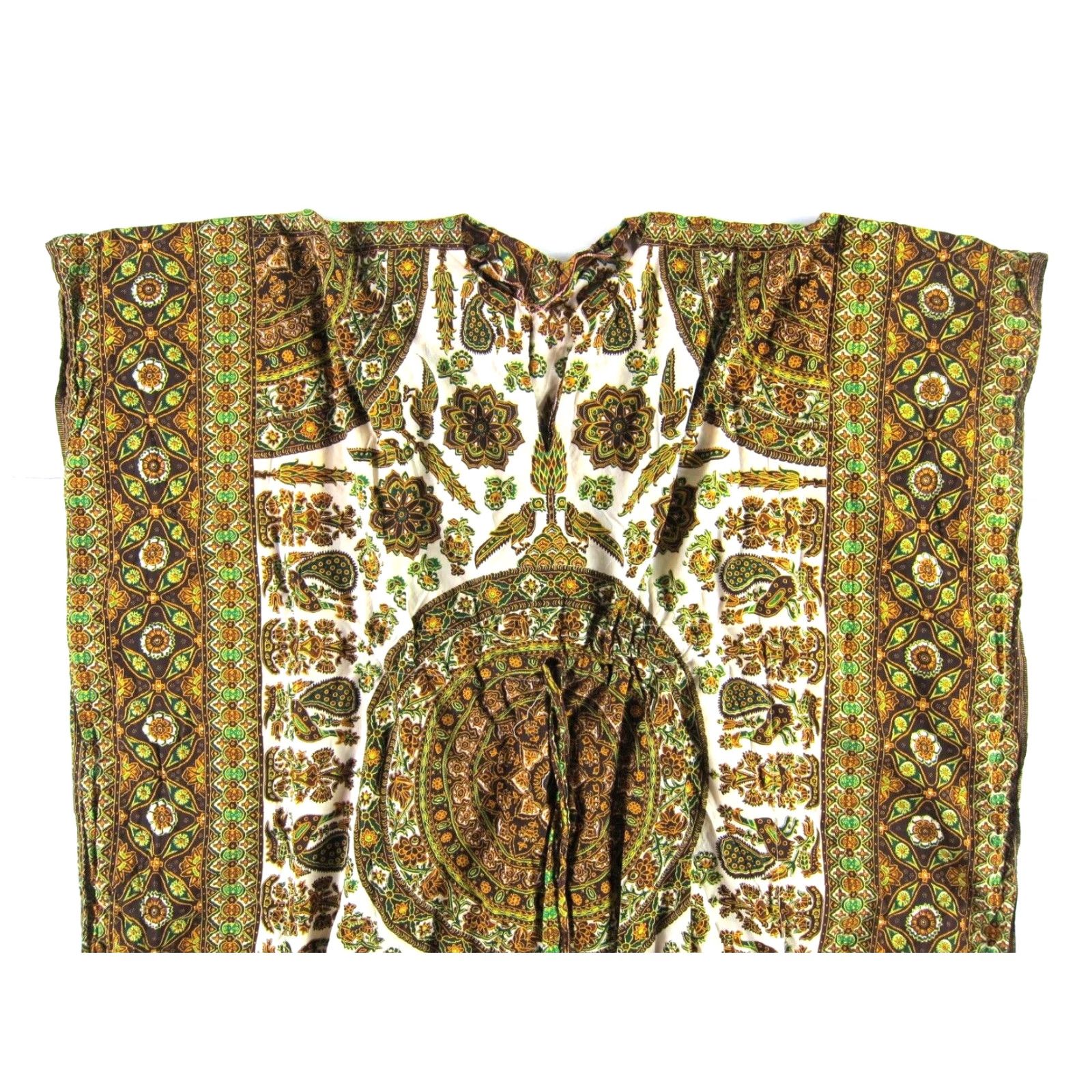 Vintage VINTAGE Cotton Floral Bird Kaftan Muumuu Dress Maxi Long M-L Green Brown Shirt Dress Women Size M / US 6-8 / IT 42-44 - 3 Thumbnail