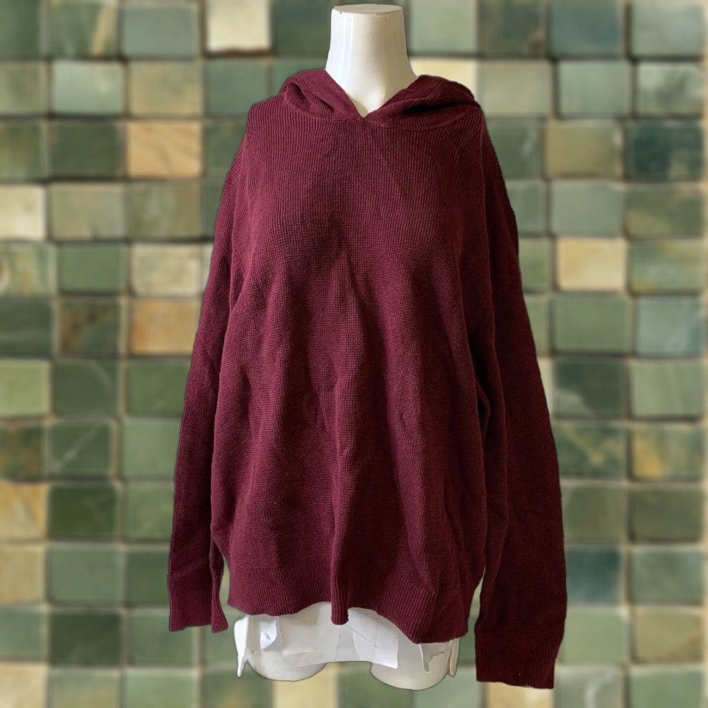 BANANA REPUBLIC Textured Hoodie Sweater Women's XL Bright Wine Red Regular Cotton 100% Pullover Long Sleeve Casual Knit Shirt Womens
