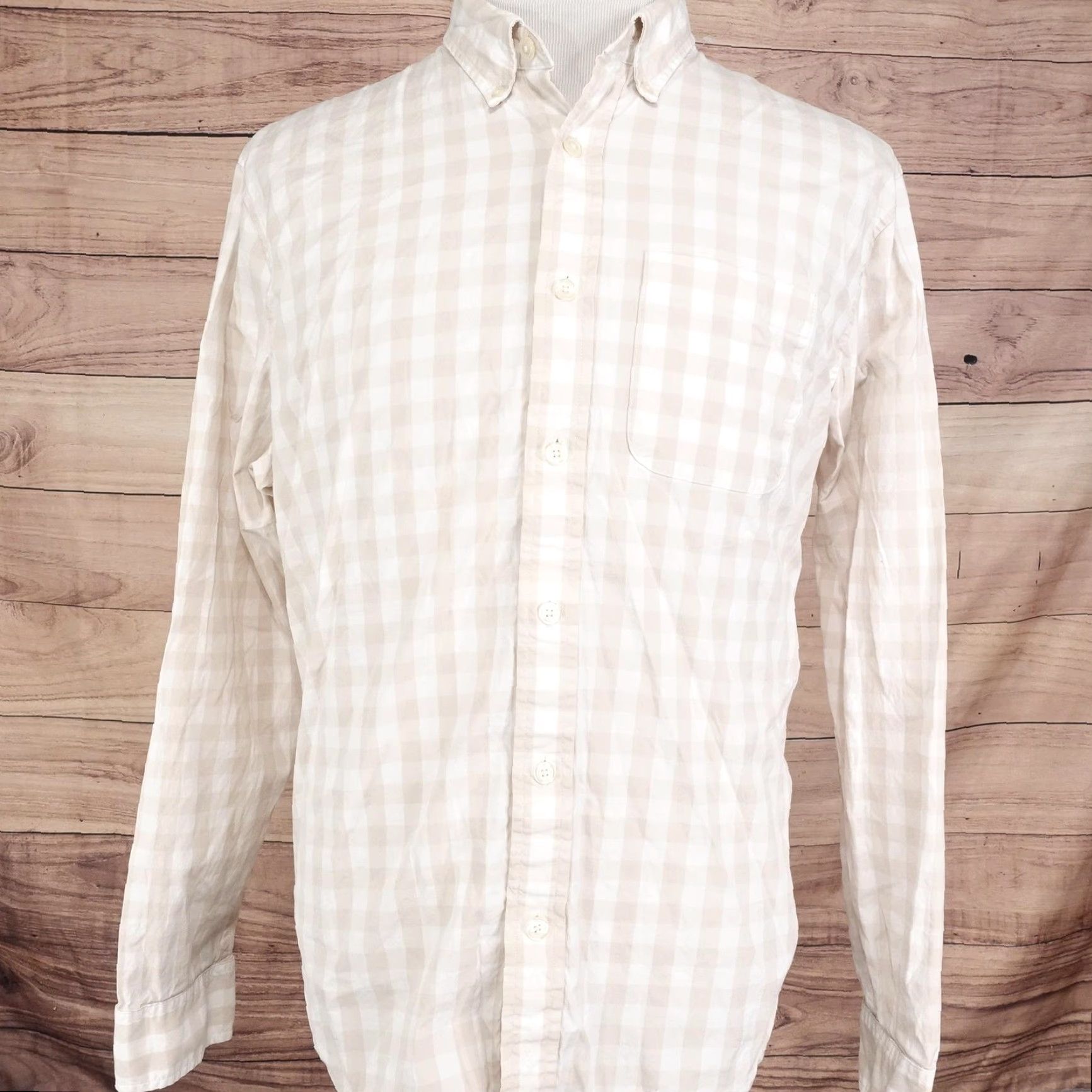 Abercrombie & Fitch ABERCROMBIE & FITCH Shirt Mens 2XL Beige White Gingham Long Sleeve Button-Up Stretch Size US XXL / EU 58 / 5 - 3 Thumbnail