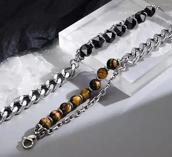 Jewelry Brown Tiger Eye Beaded Chain Bracelet, Chunky Silver Link Size ONE SIZE - 7 Thumbnail