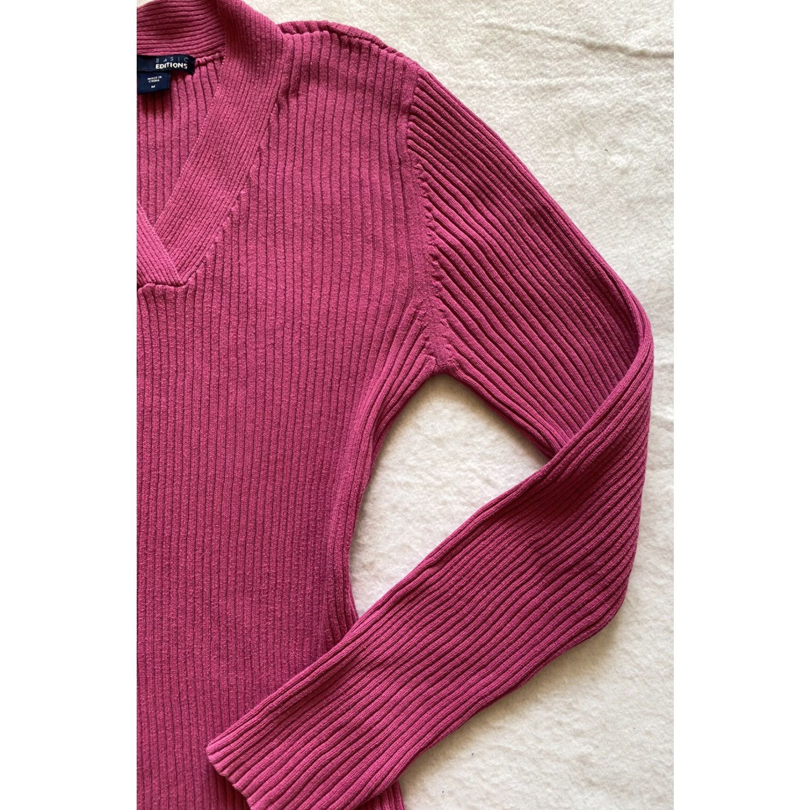 Basic Editions Basic Editions Sweater Women's Medium Magenta V-Neck Ribbed Knit Slim Pullover Long Sleeve Holiday Autumn/Winter Party/Cocktail Shirt? Size M / US 6-8 / IT 42-44 - 2 Thumbnail