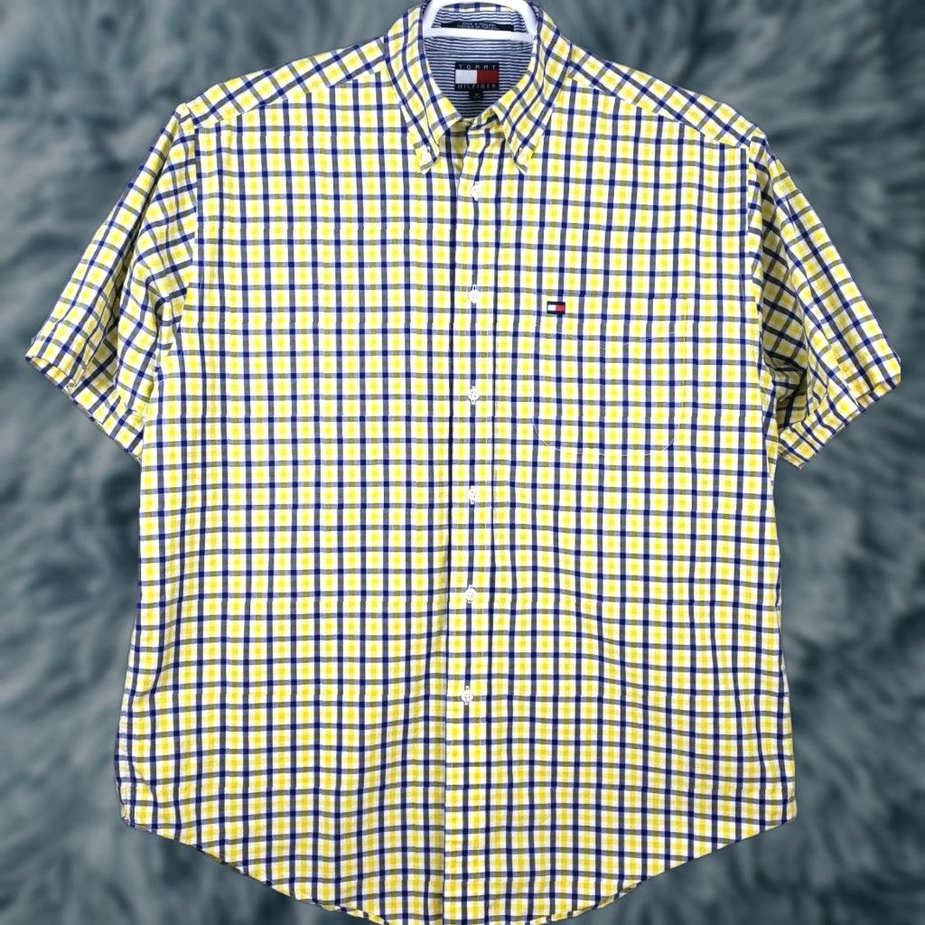 Tommy Hilfiger VINTAGE Tommy Hilfiger Shirt Adult Medium Yellow Plaid Short Sleeve Button-Front Classic Fit Mens Size US M / EU 48-50 / 2 - 1 Thumbnail