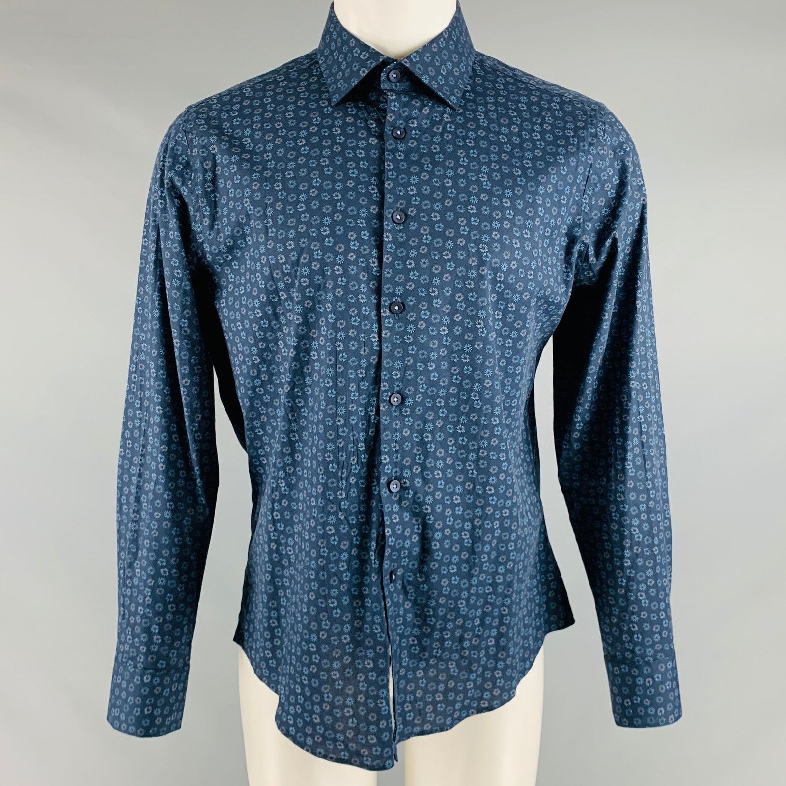 Stone Rose Navy Blue Abstrack floral Cotton Elastane Long Sleeve Shirt Size US M / EU 48-50 / 2 - 1 Thumbnail