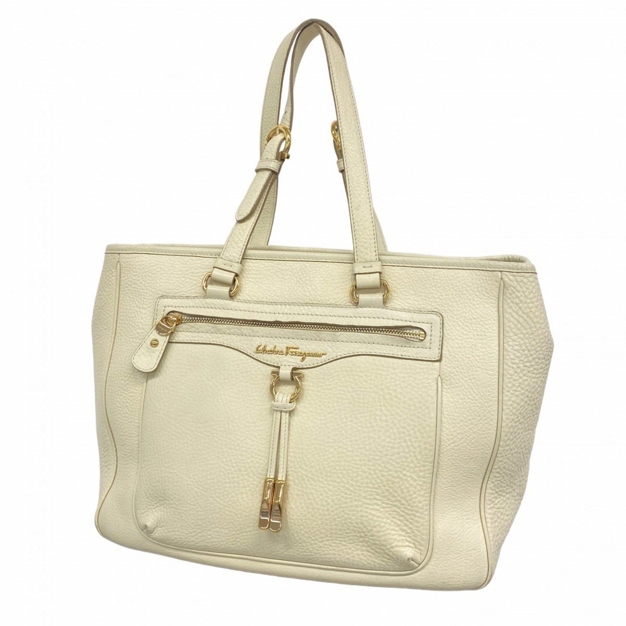 Salvatore Ferragamo Tote Bag Gancini Leather Ivory Women's in Beige