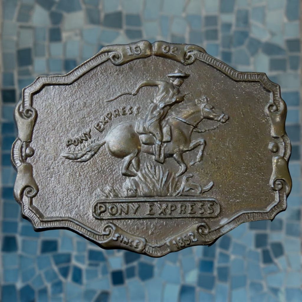 PONY VINTAGE Pony Express Brass Belt Buckle 3.5"x3" Fits 1.5" Belt Bronze Old West 1970s Unisex Mens Womens Size ONE SIZE - 1 Thumbnail