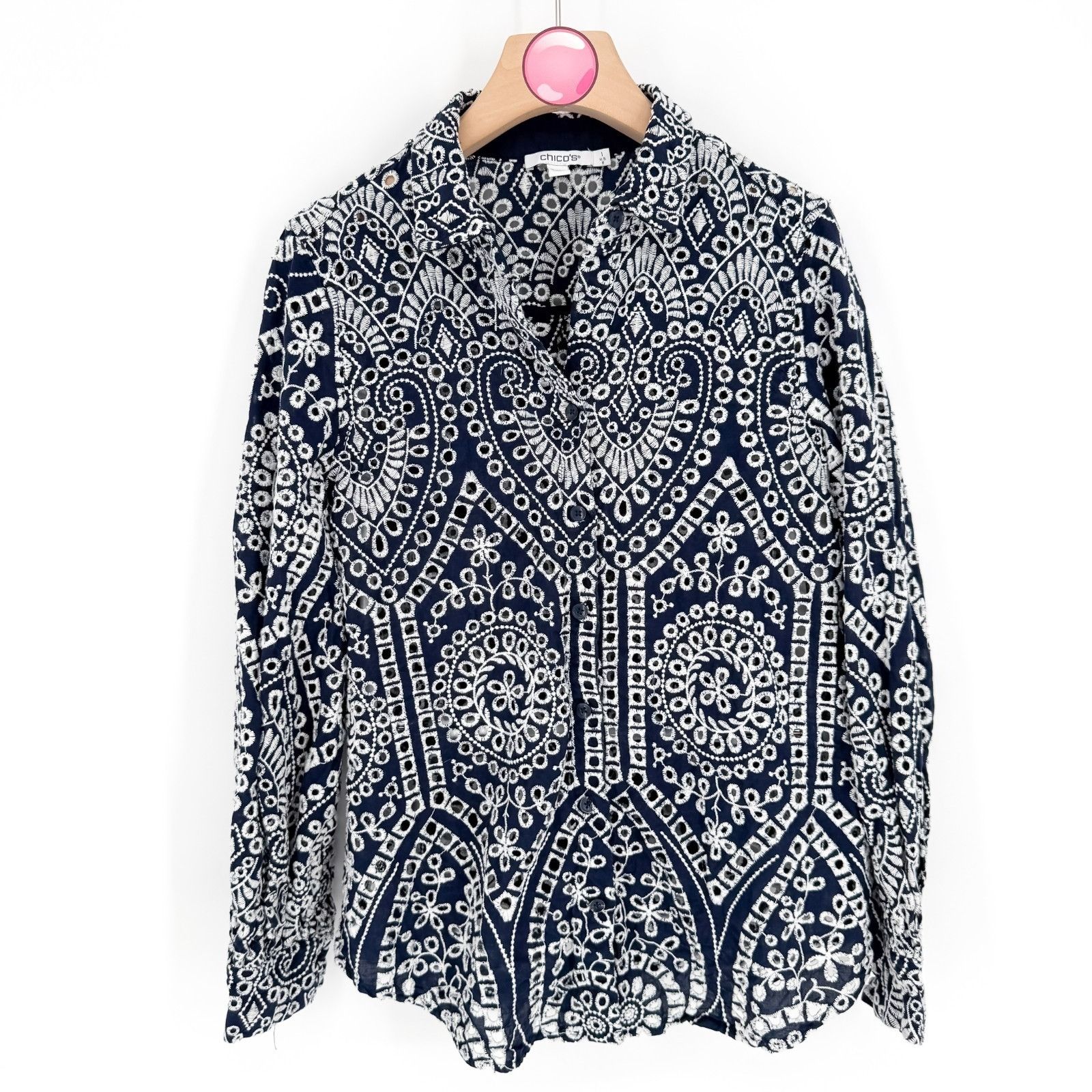 Chicos Chicos Tunic Top Womens Medium Navy Embroidered Eyelet Geome Size M / US 6-8 / IT 42-44 - 1 Thumbnail