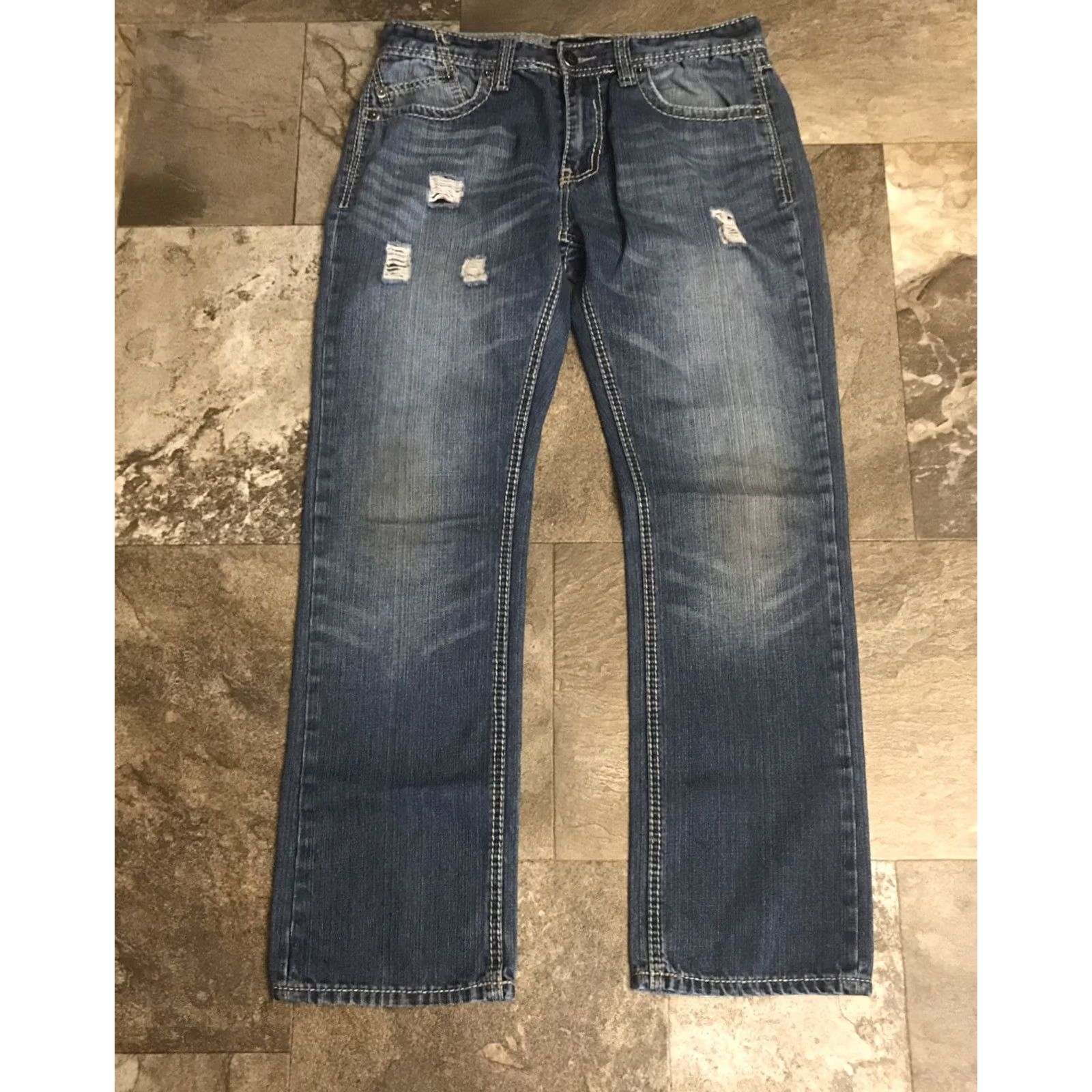 Vintage CJ Black Mens 33x32 Slim Straight Blue Jeans Low Rise Distressed Thick Stitch Size US 33 - 3 Thumbnail