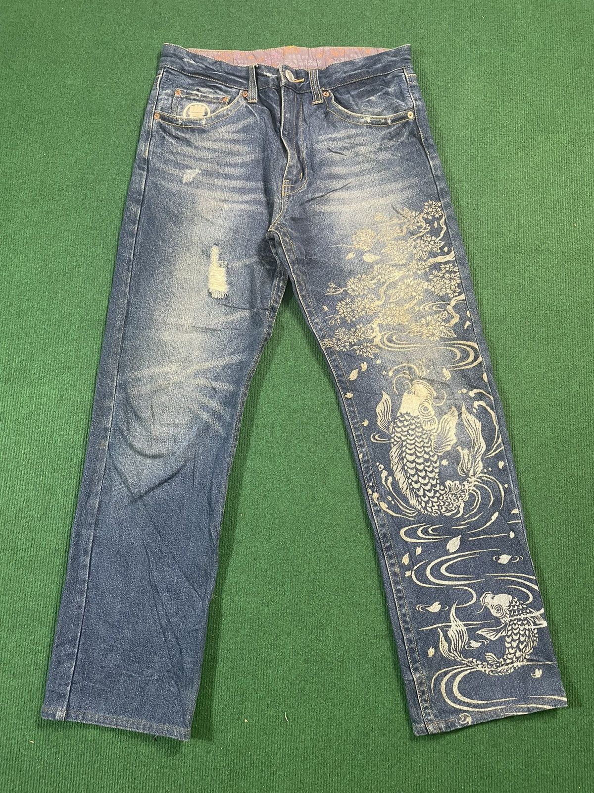 If Six Was Nine Vintage Japanese Jean with Koi Fish Painted Size US 32 / EU 48 - 1 Thumbnail