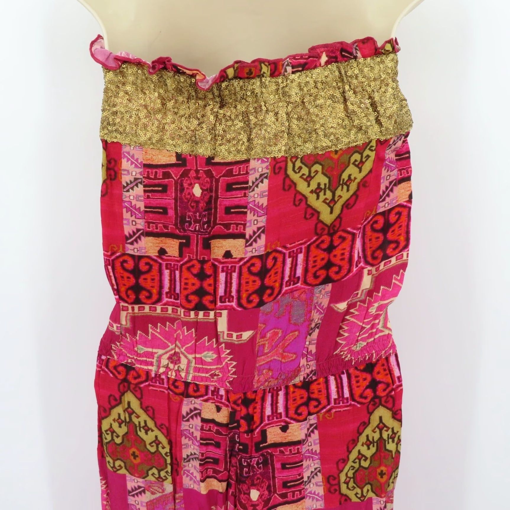Vintage Benares Jumpsuit Women Medium Silk Gold Sequin Pink Ikat Strapless Pockets NEW Size 32" / US 10 / IT 46 - 7 Thumbnail