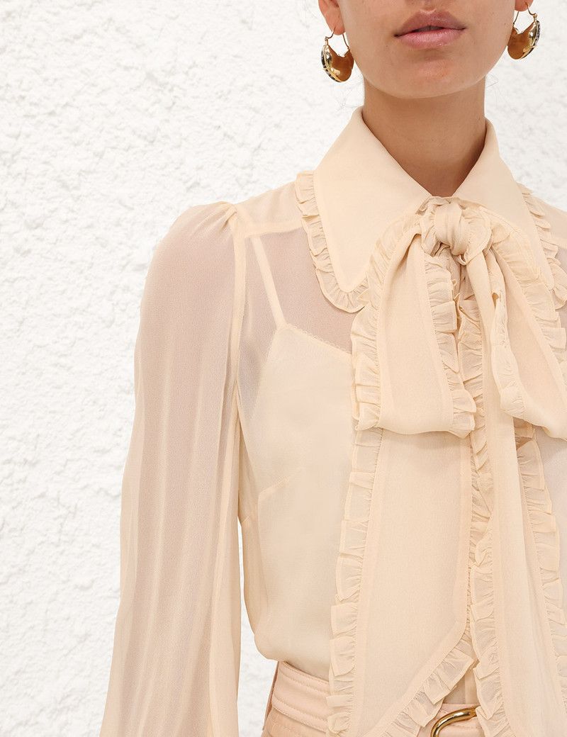 Zimmermann oc11z0226 Georgette Bow Shirt In Cream Size L / US 10 / IT 46 - 5 Thumbnail