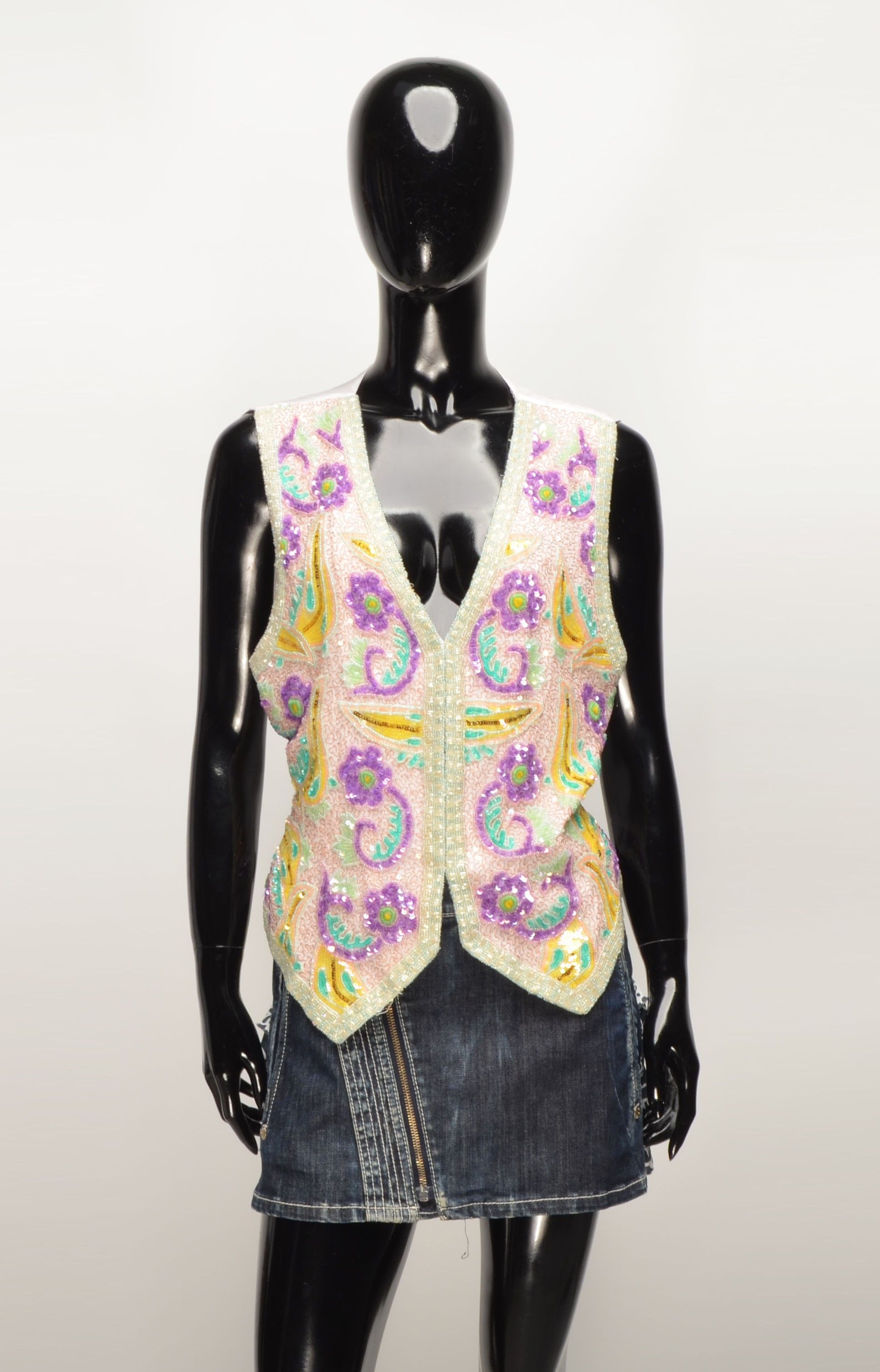 Vintage Vintage Full Beaded Sparkle Floral Silk Vest Size M / US 6-8 / IT 42-44 - 1 Thumbnail