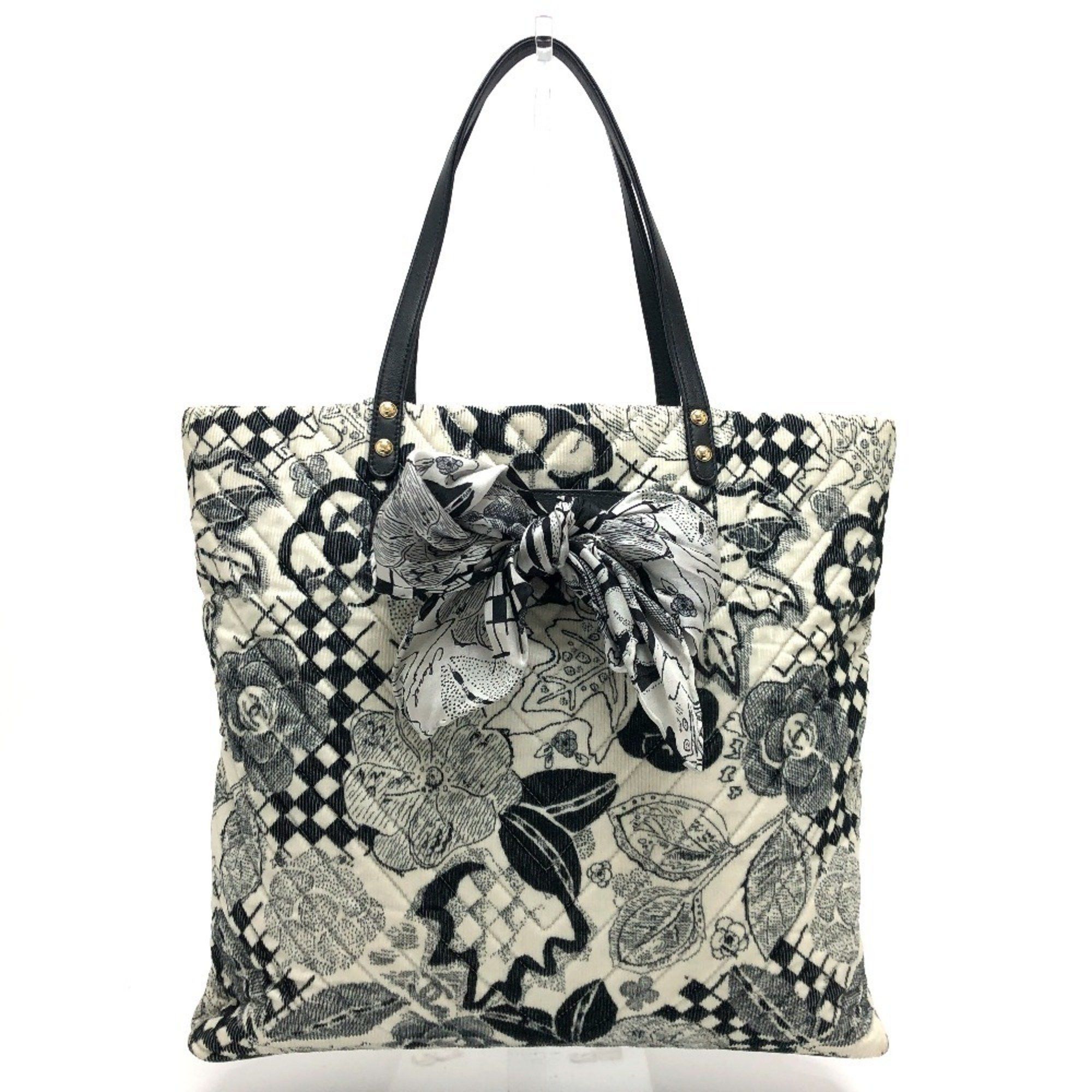CHANEL Camellia Bag Chevron Corduroy Shoulder Ribbon Handbag Tote Canvas Women's White