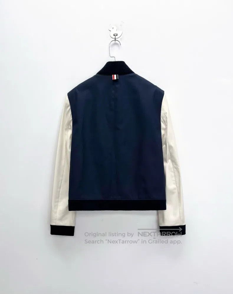 Thom Browne Thom Browne Navy blue leather sleeve baseball jacket Size US M / EU 48-50 / 2 - 2 Thumbnail