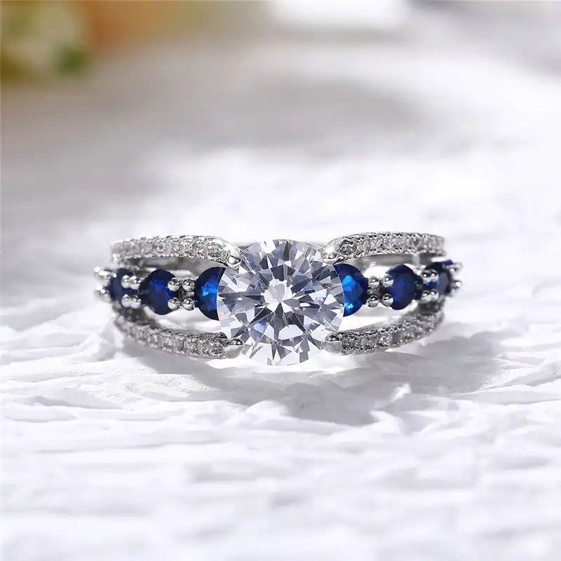 Designer × Jewelry Rings Women Blue/White Round CZ Novel Designed Size ONE SIZE - 3 Thumbnail