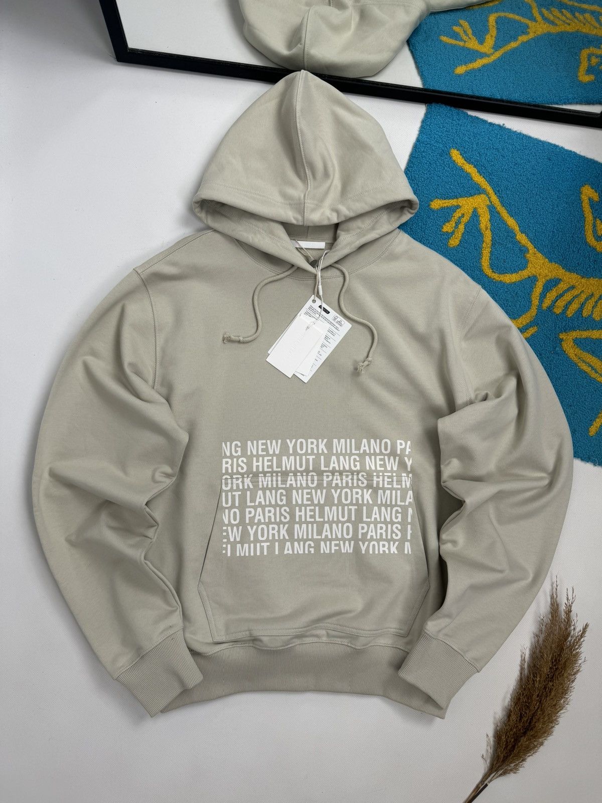 image of Helmut Lang Cities Spell Out Box Logo Hoodie in Beige White, Men's (Size Large)