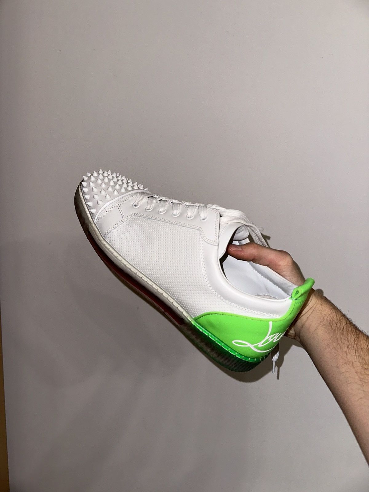 image of Christian Louboutin Fun Louis Junior White And Green Leather Shoes, Men's (Size 12)