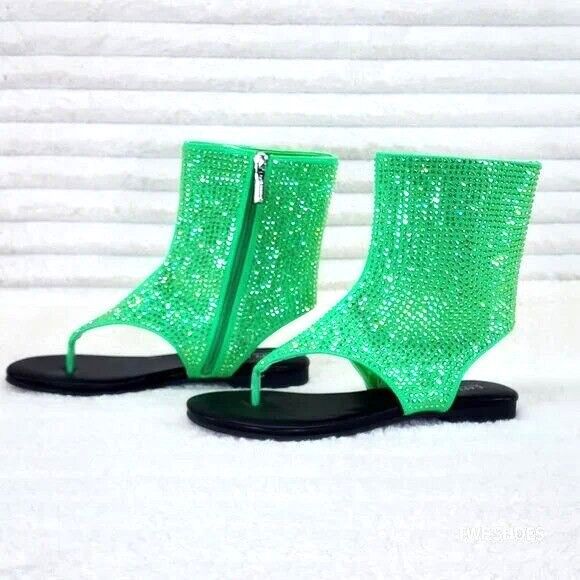 Other Just Doit Rhinestones Flat Bootie Thong Sandals Green (US Sh Size US 10 / IT 40 - 1 Thumbnail