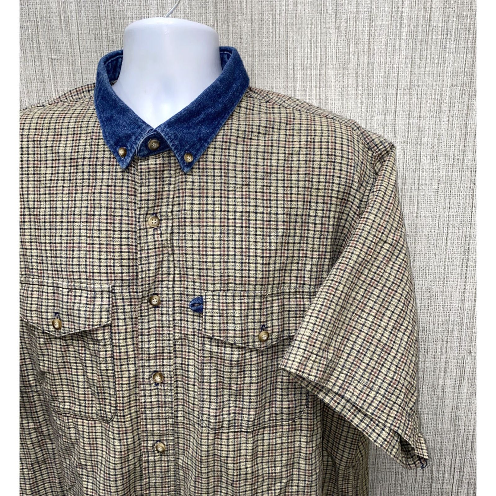 Vintage Rough Stuck Men's Brown Plaid Short Sleeve Button-Up Shirt 2XL Cotton Men's Clothing Size US XXL / EU 58 / 5 - 2 Thumbnail