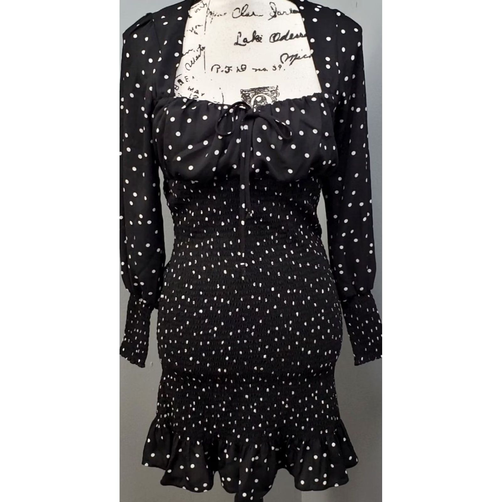 Vintage Row A Mini Dress Womens Small Black White Polka Dot Smocked Square Neck Tie Front Dress Size S / US 4 / IT 40 - 2 Thumbnail