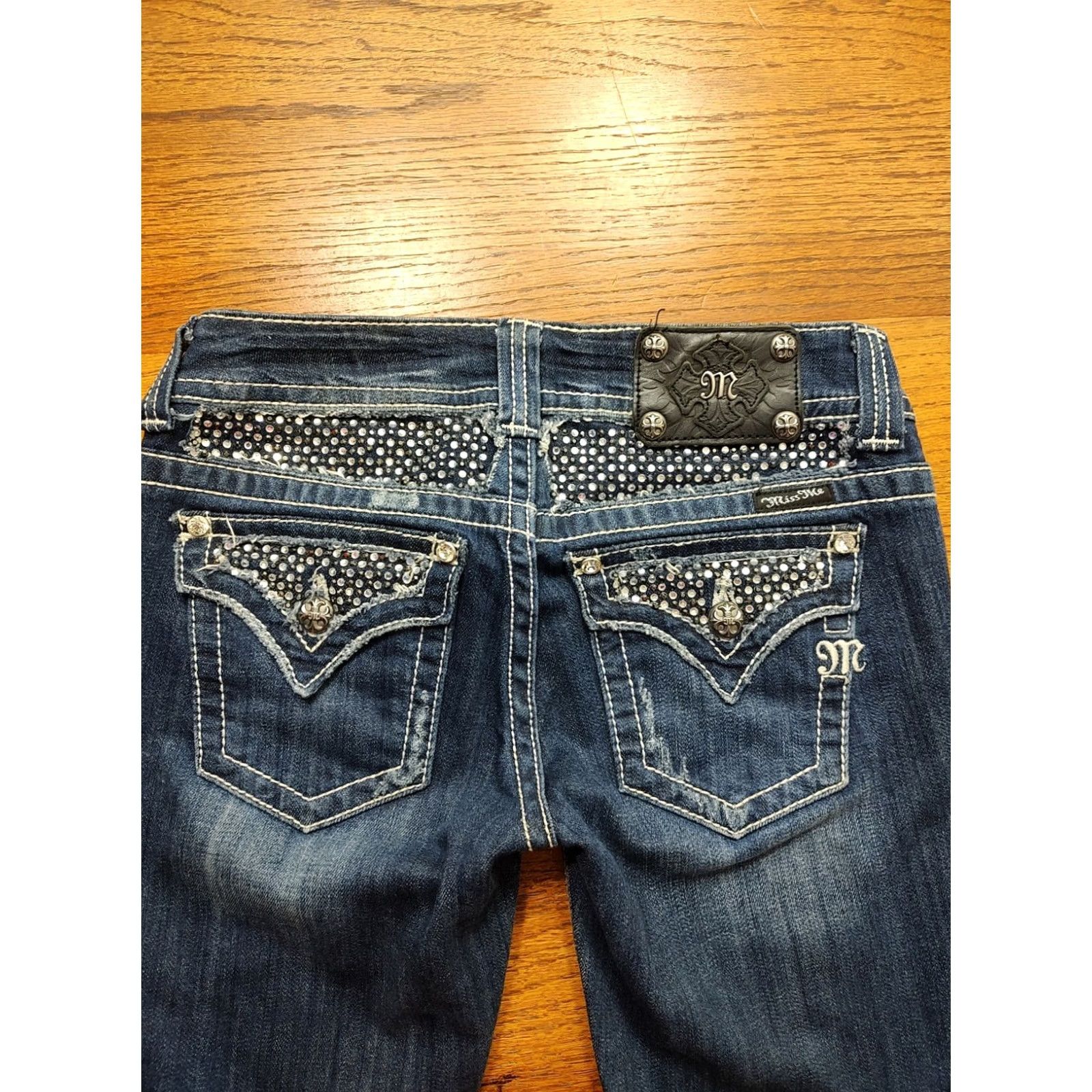 Miss Me Miss Me Jeans Size 27 Straight Denim 5-Pocket Embellished Rhinestone Low Rise Biker Flap Pocket Blue Womens Size 27" / US 4 / IT 40 - 3 Thumbnail