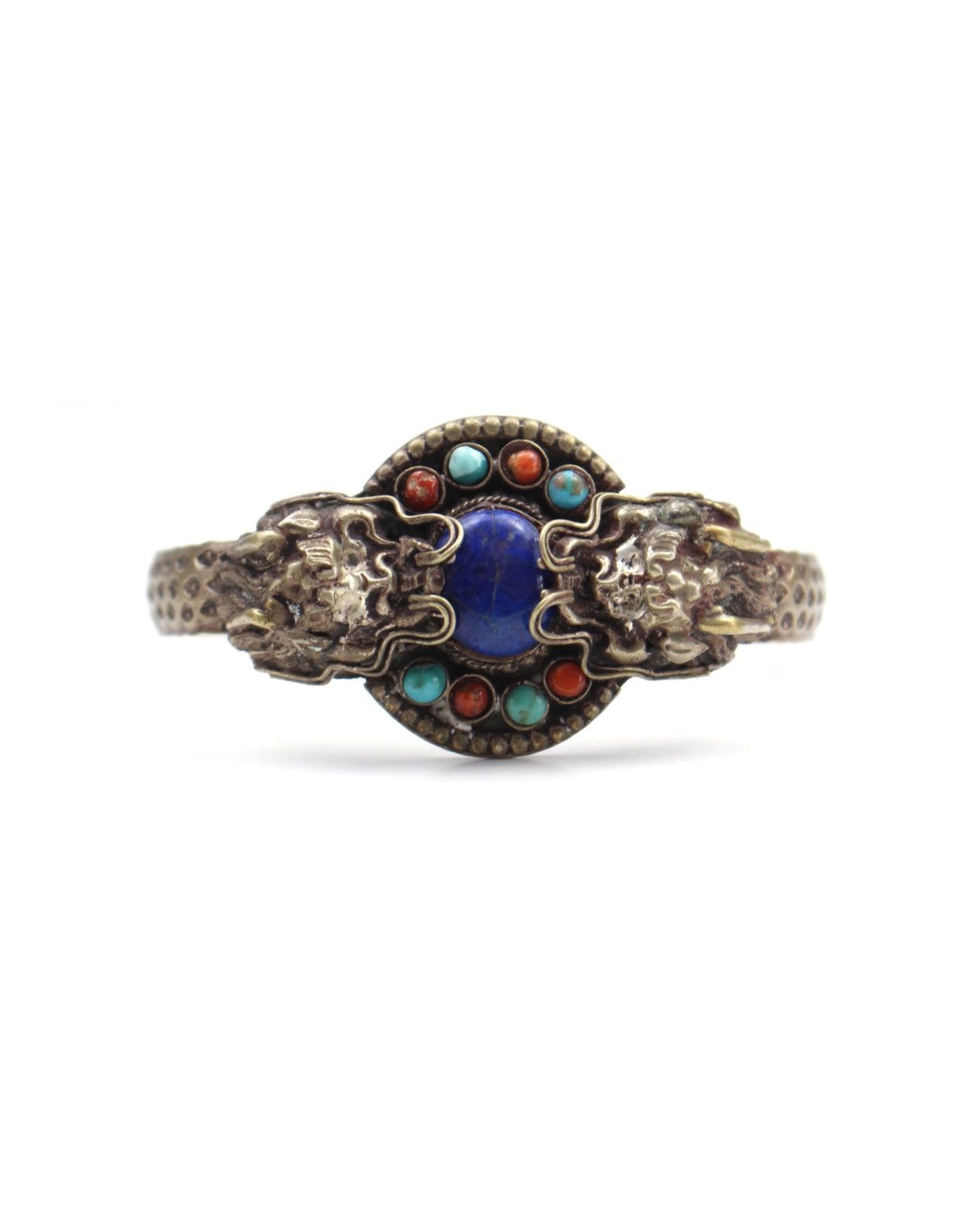 Vintage 1990S TIBETAN DRAGON CUFF BRACELET LAPIS LAZULI & TURQUOISE Size ONE SIZE - 3 Thumbnail
