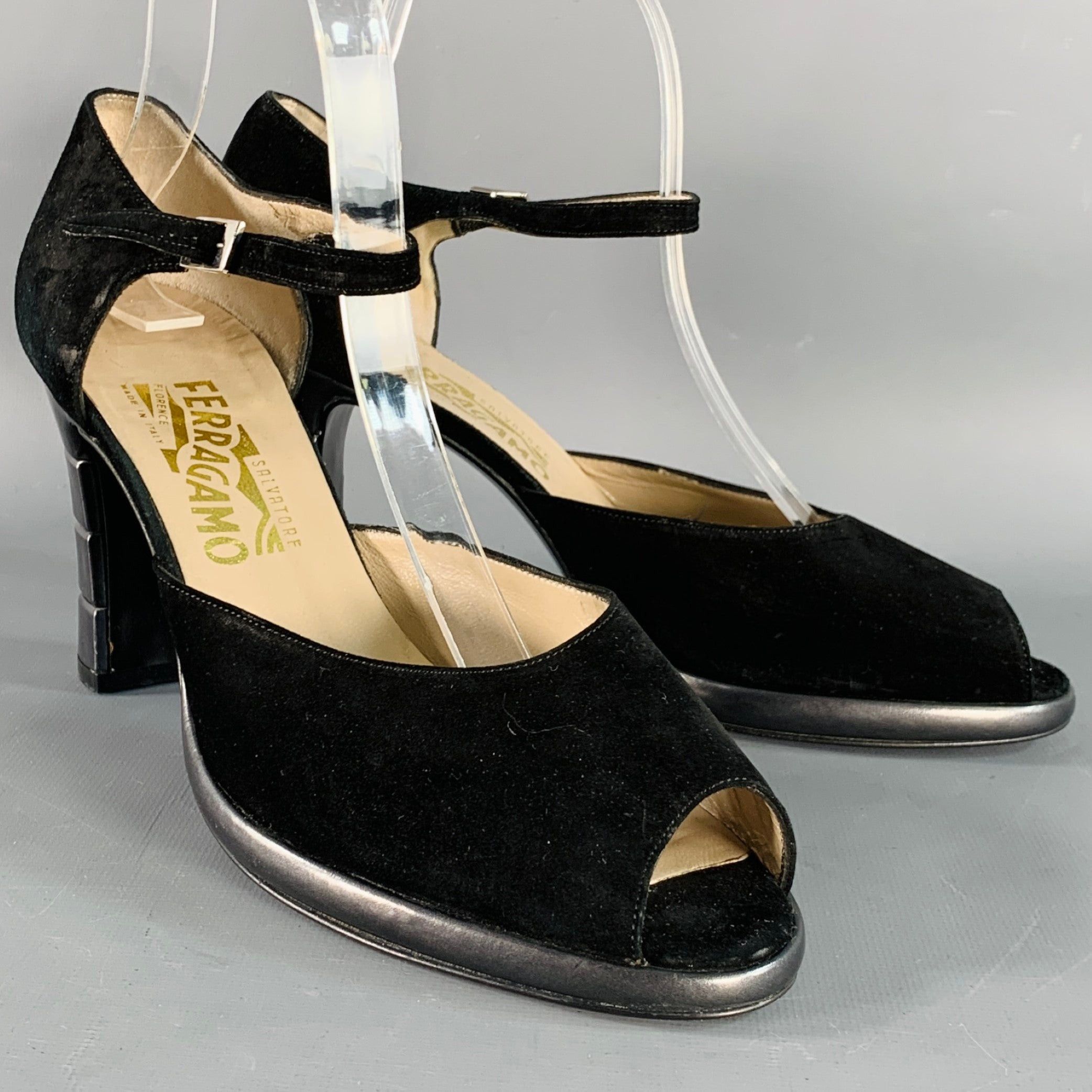 Salvatore Ferragamo 9 Black Suede Peep Toe Stacked Heel Shoes Ankle Strap Sandals, Women's