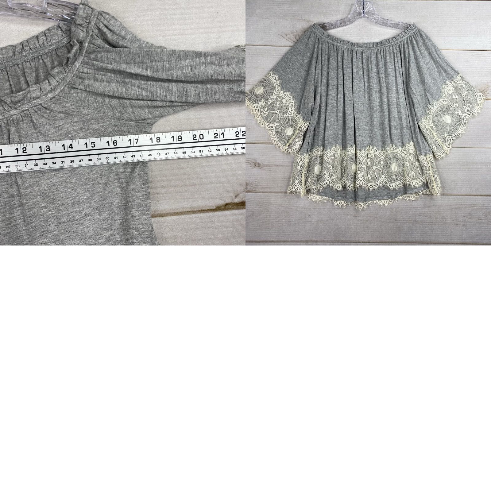 Vintage Coco + Jaimeson Womens Blouse Shirt M Gray Cream Lace Bell Sleeve Boho Off Shoulder Size M / US 6-8 / IT 42-44 - 8 Thumbnail