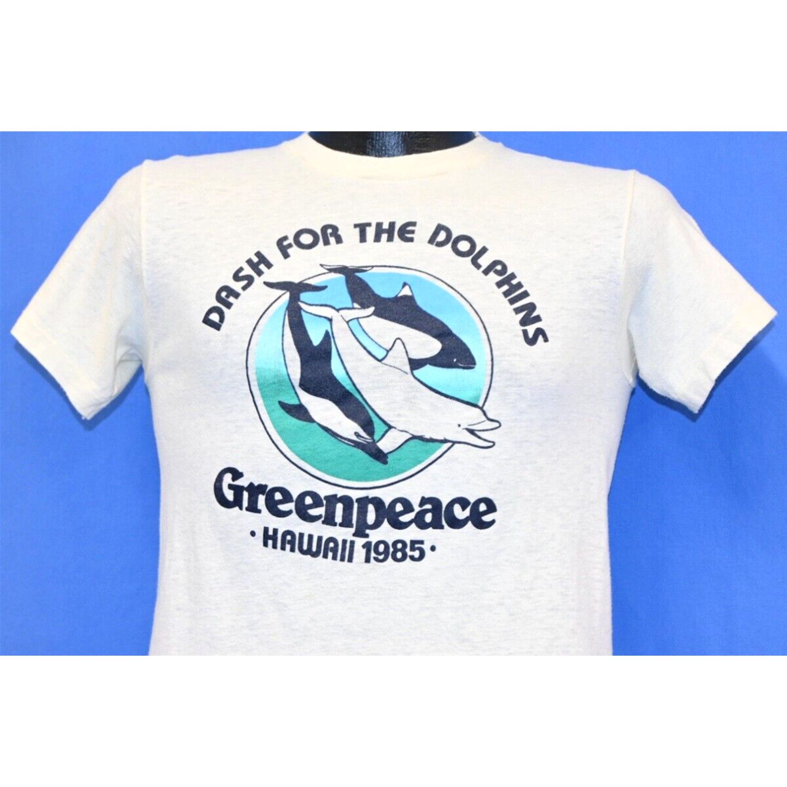 image of Hanes VTG 80's Hawaii Greenpeace 1985 Dash For The Dolphins Wild Life T-Shirt Small S in White, Men