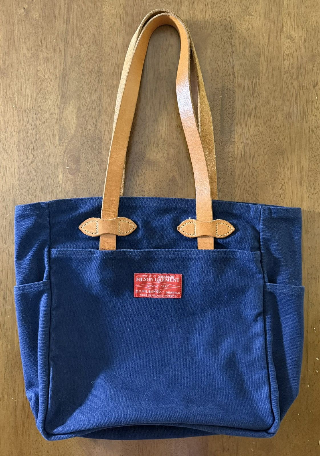 Filson Red Label Navy Open Tote Bag USA Rare Leather Handles