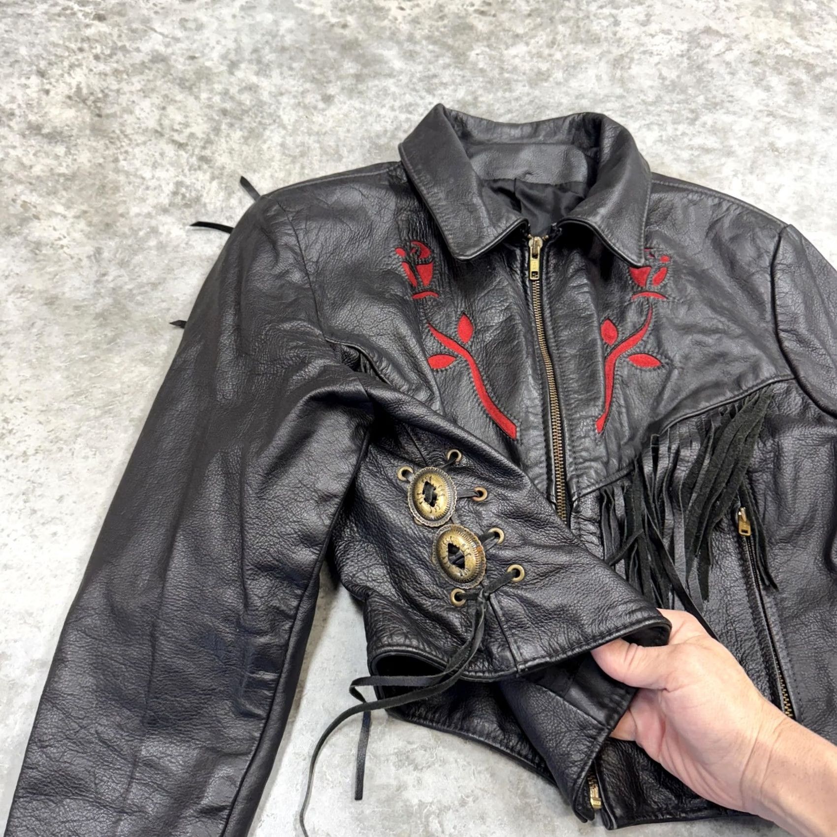 Vintage Protech Leather Jacket Girls S Black Fringe Embroidered Rose Made USA Western Motorcycle Jacket Size S / US 4 / IT 40 - 3 Thumbnail