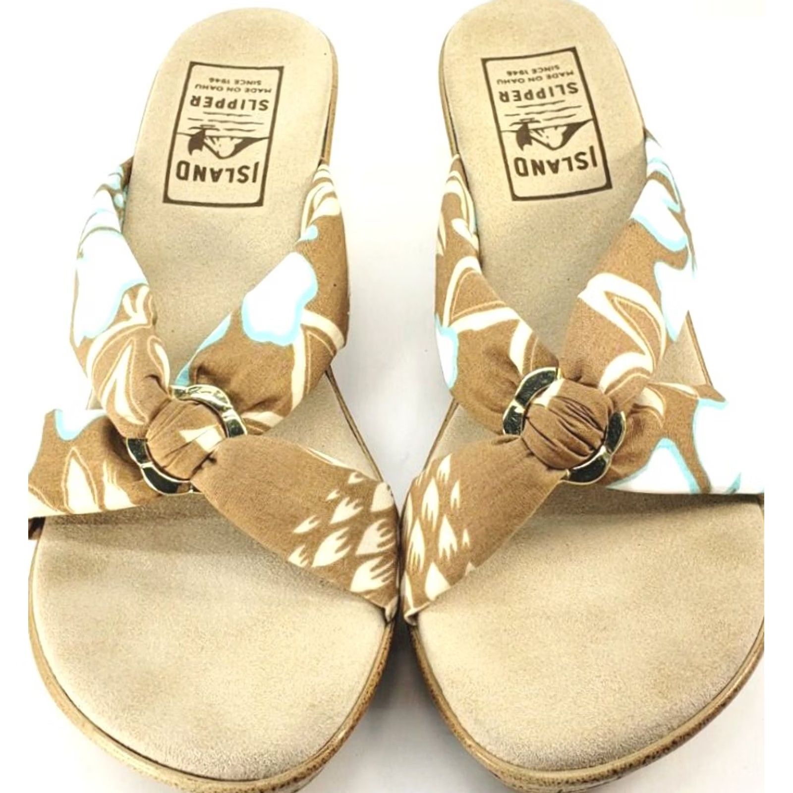 Vintage Island Slipper Women's 10 Brown Blue White Tropical Fabric Slide Wedge Sandal Size US 10 / IT 40 - 3 Thumbnail
