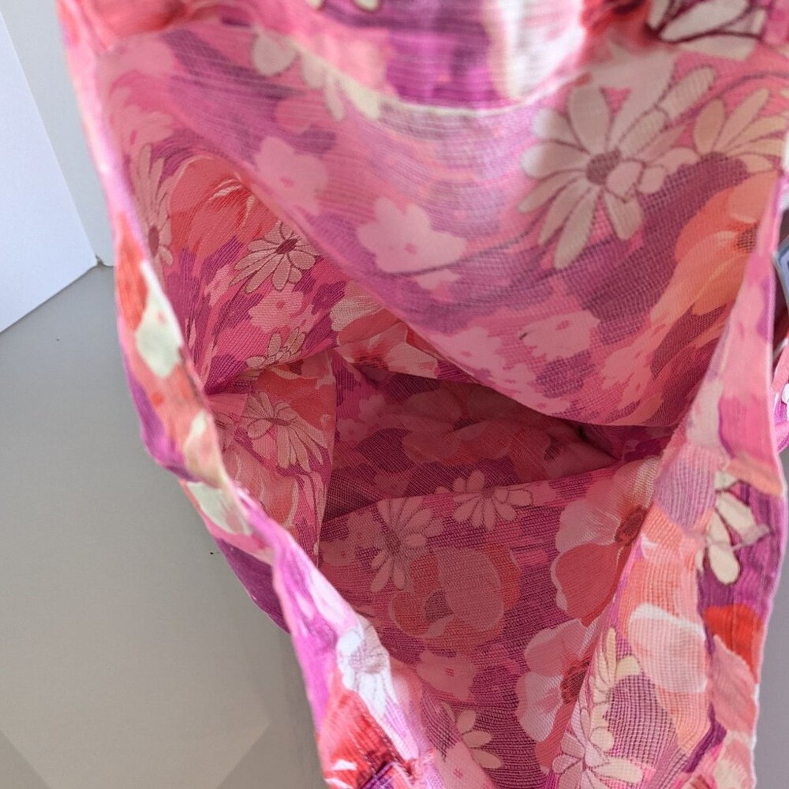 Vintage Bright Pink Floral Poppy Daisy Retro Print Fabric Tote Bag Size ONE SIZE - 4 Thumbnail