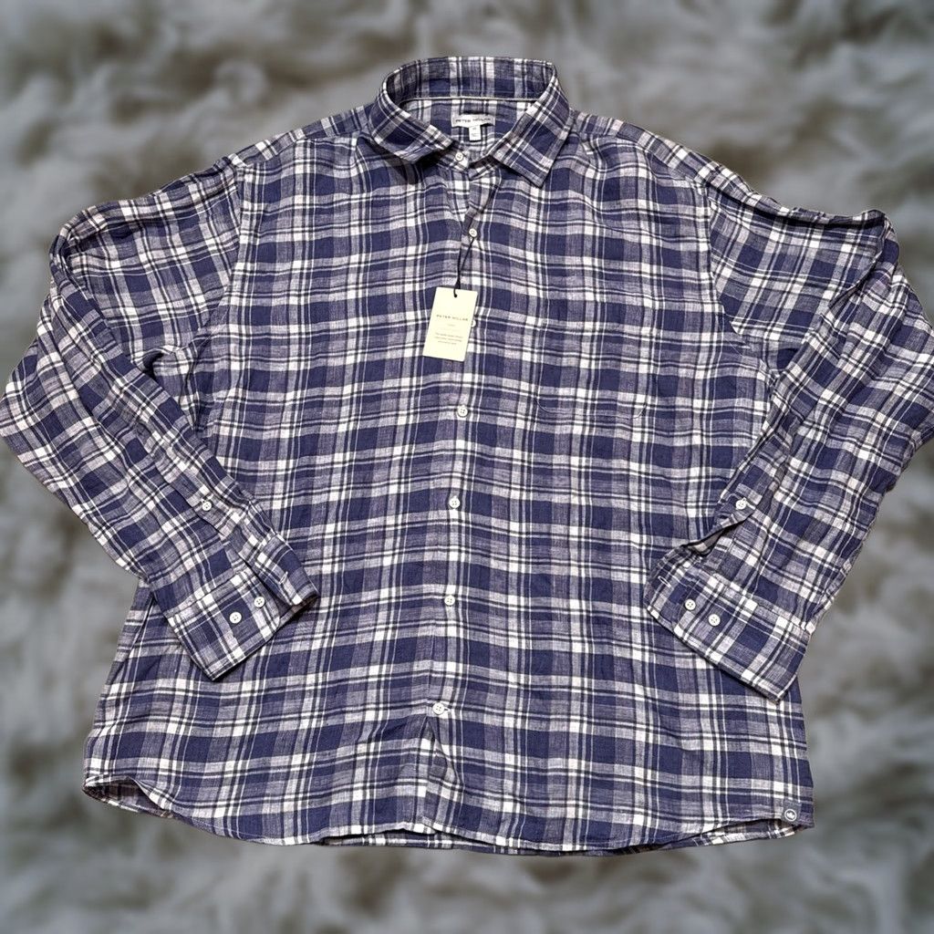 Peter Millar Peter Millar Shirt Mens XL Blue Linen Beach Bluff Button-Up Plaid NWT Crown Sport Casual Knit Pocketed Collared Long Sleeve Size US XL / EU 56 / 4 - 1 Thumbnail