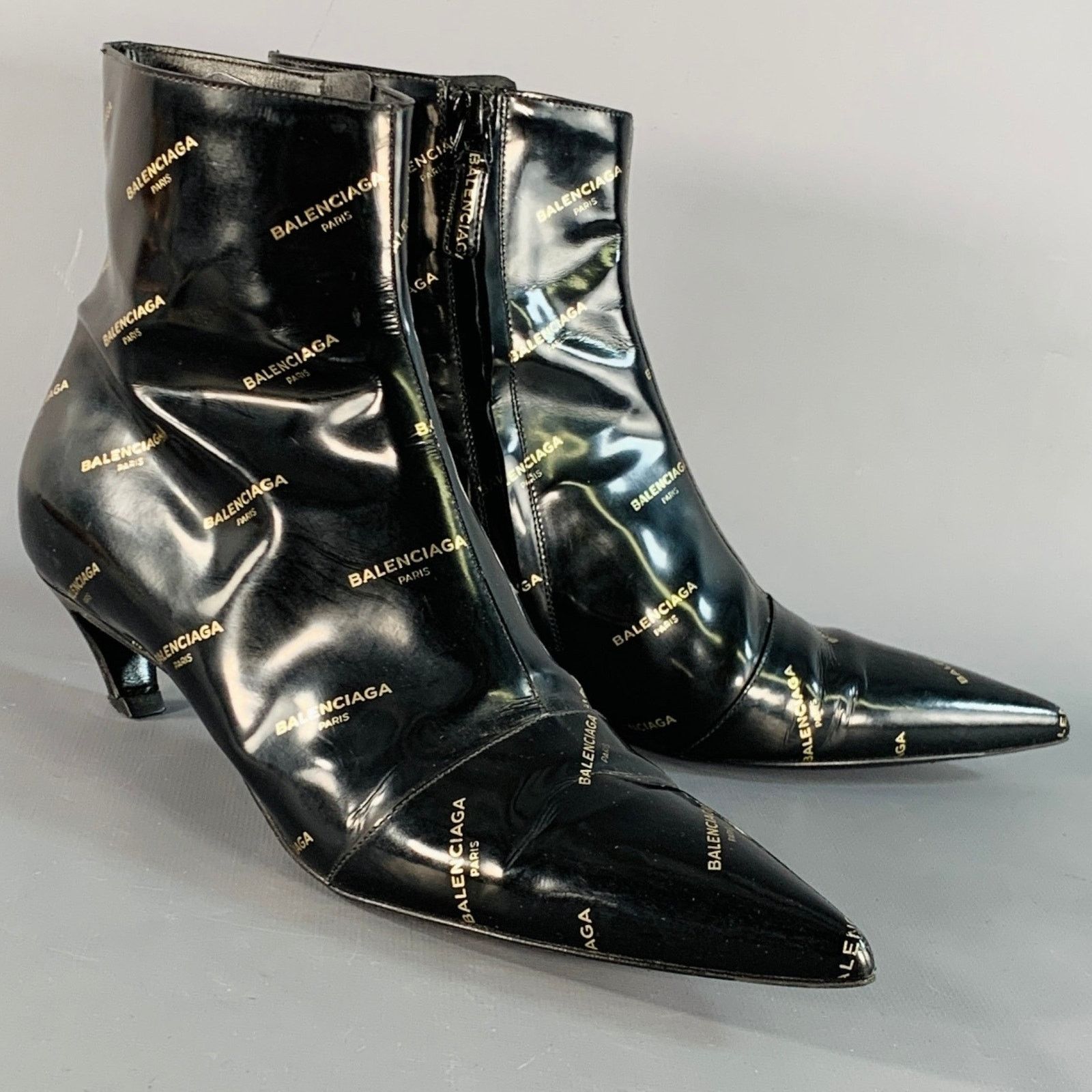 Balenciaga Black Gold Logo Patent Leather Ankle Kitten Heel Boots Size US 8 / IT 38 - 1 Thumbnail