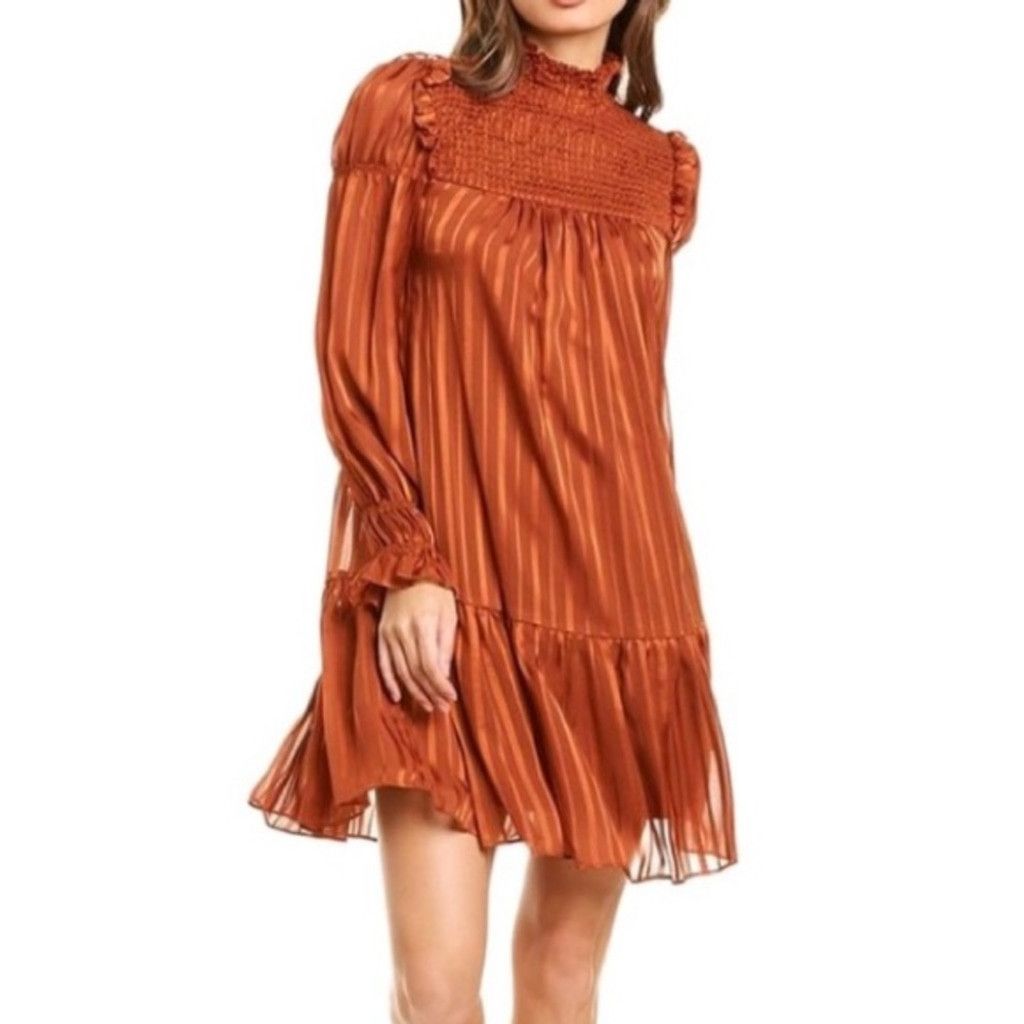 Ann Taylor Taylor Dresses Stripe Smocked Yoke Mock Neck Woven Dress Size L / US 10 / IT 46 - 1 Preview