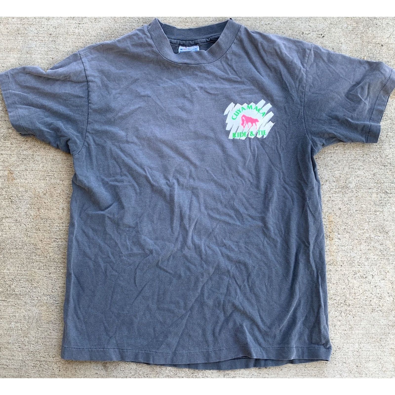 Hanes VINTAGE Hanes Cuyamaca Ride & Tie T Shirt Graphic Tee 80s 90s L Mens Gray Neon Graphics Back Front Size US L / EU 52-54 / 3 - 4 Thumbnail